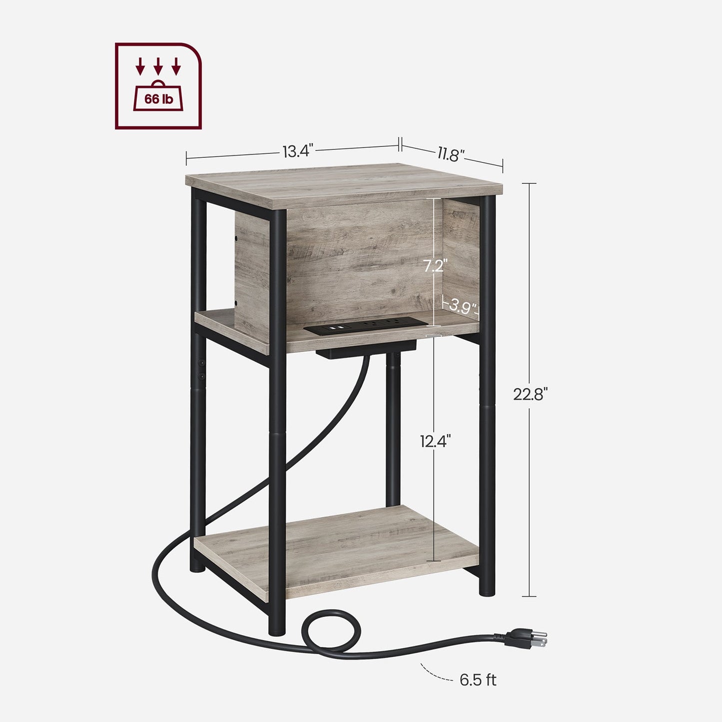 Side Table with Charging Station, 3-Tier End Table with USB Ports and Outlets, Nightstand for Living Room, Bedroom, 11.8 x 13.4 x 22.8 Inches, Plug-in Series, Greige and Black