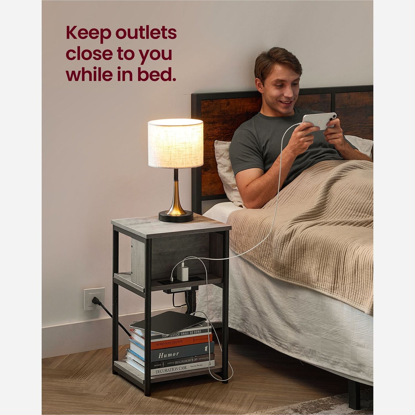 Side Table with Charging Station, 3-Tier End Table with USB Ports and Outlets, Nightstand for Living Room, Bedroom, 11.8 x 13.4 x 22.8 Inches, Plug-in Series, Greige and Black