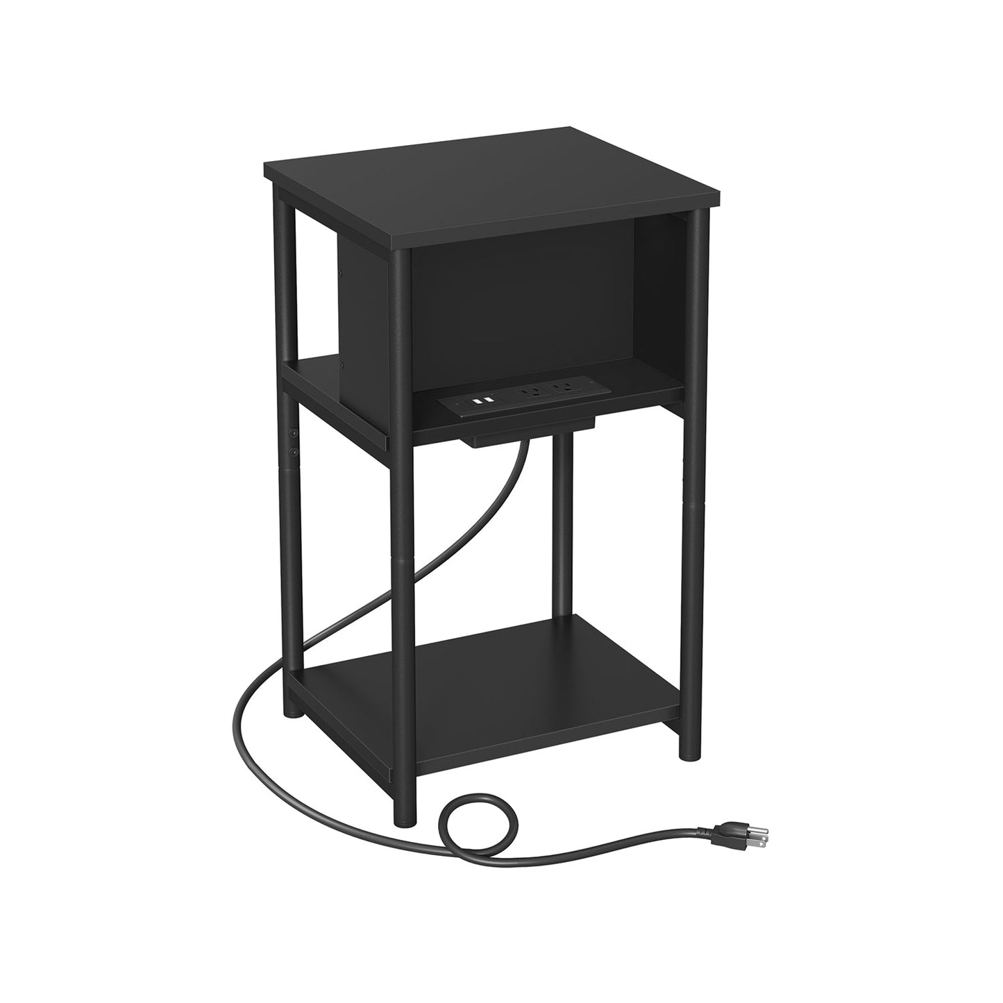 Side Table with Charging Station, 3-Tier End Table with USB Ports and Outlets, Nightstand for Living Room, Bedroom, 11.8 x 13.4 x 22.8 Inches, Plug-in Series, Black