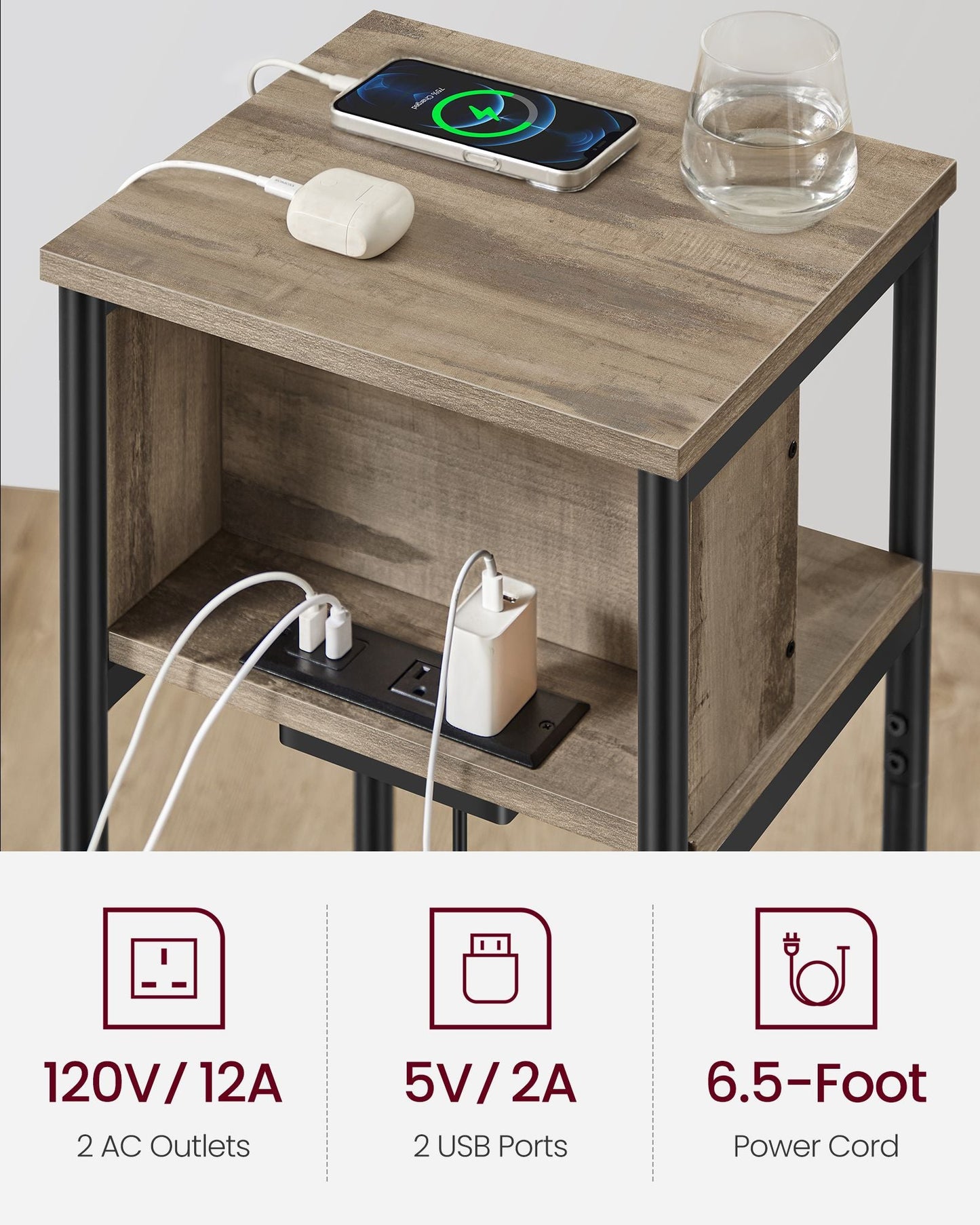 3-Tier End Table with Charging Station Chestnut Brown and Black