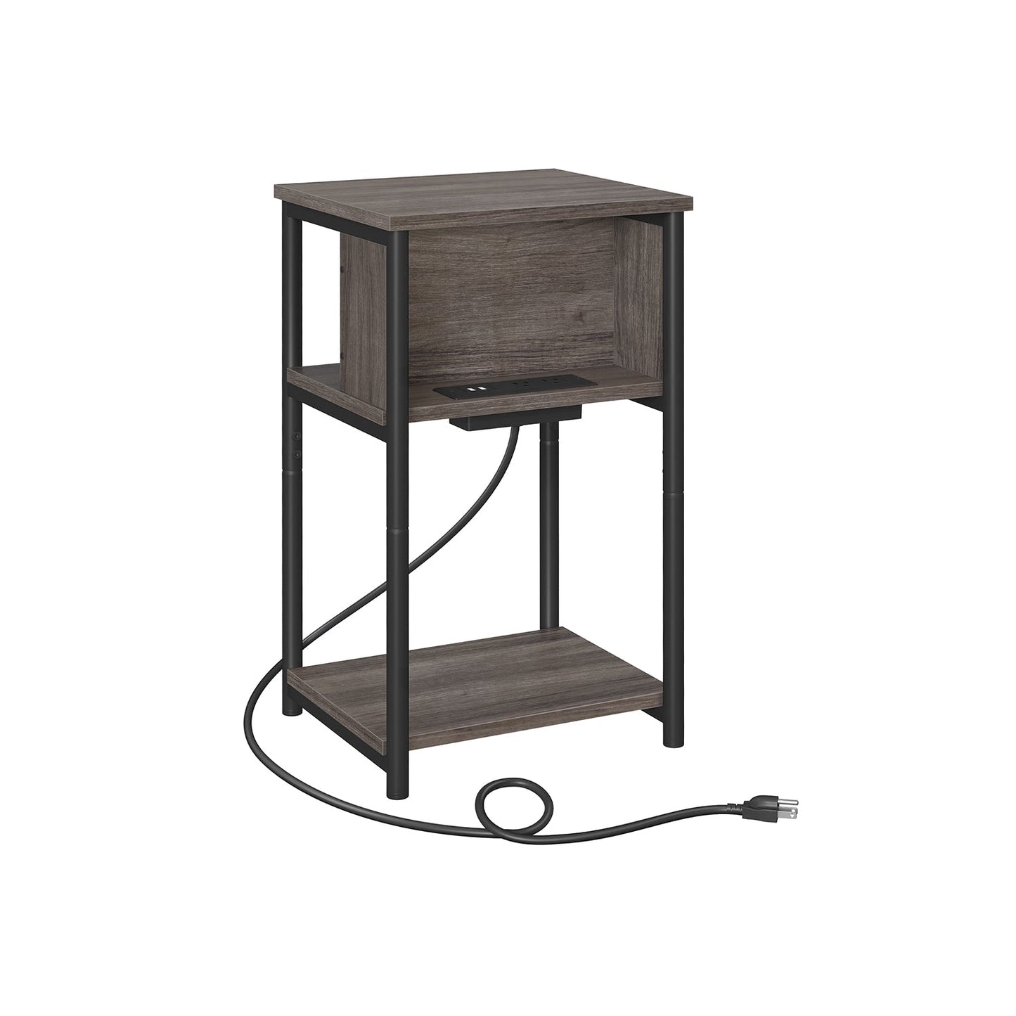 3-Tier End Table with Charging Station Chestnut Brown and Black