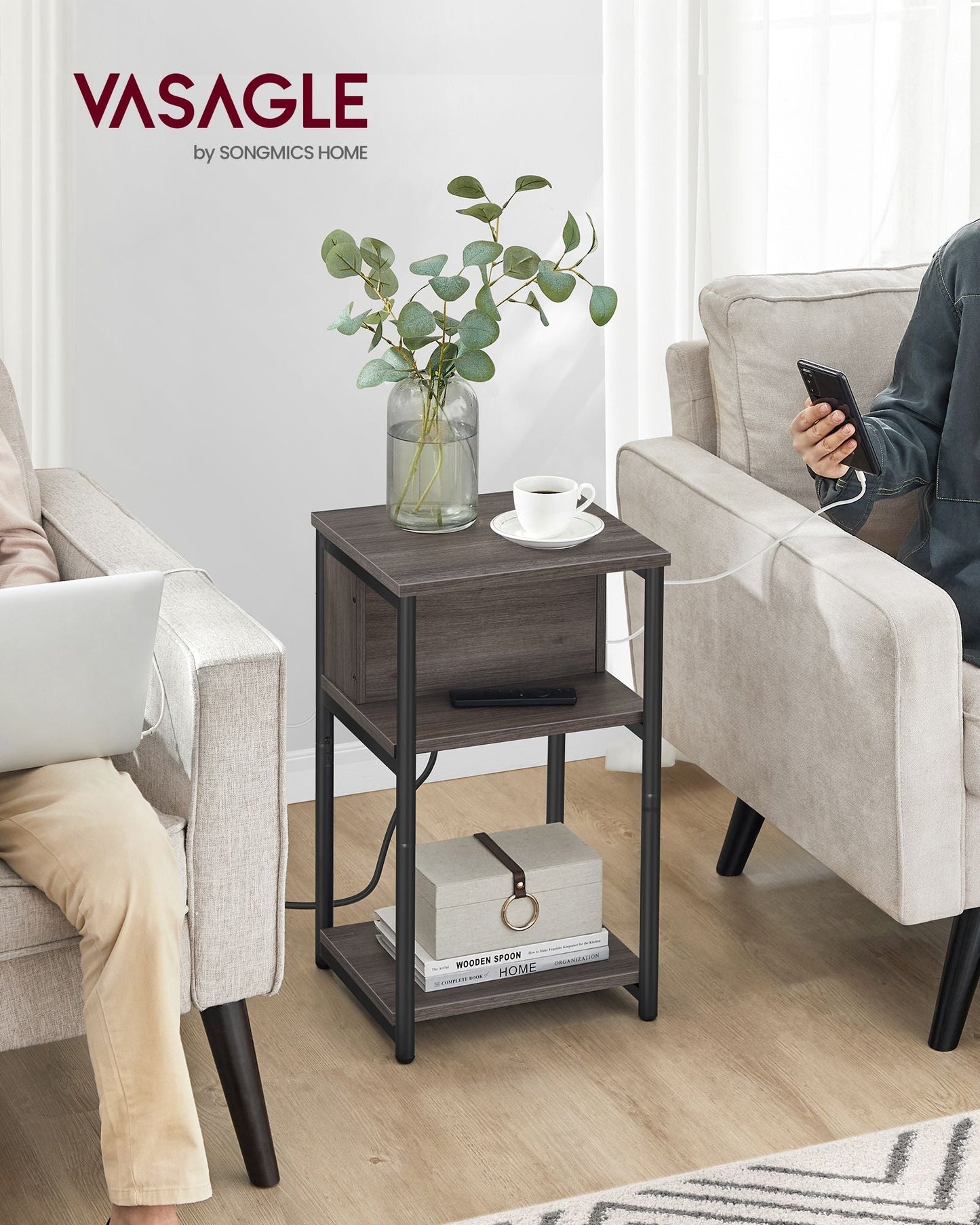 3-Tier End Table with Charging Station Chestnut Brown and Black
