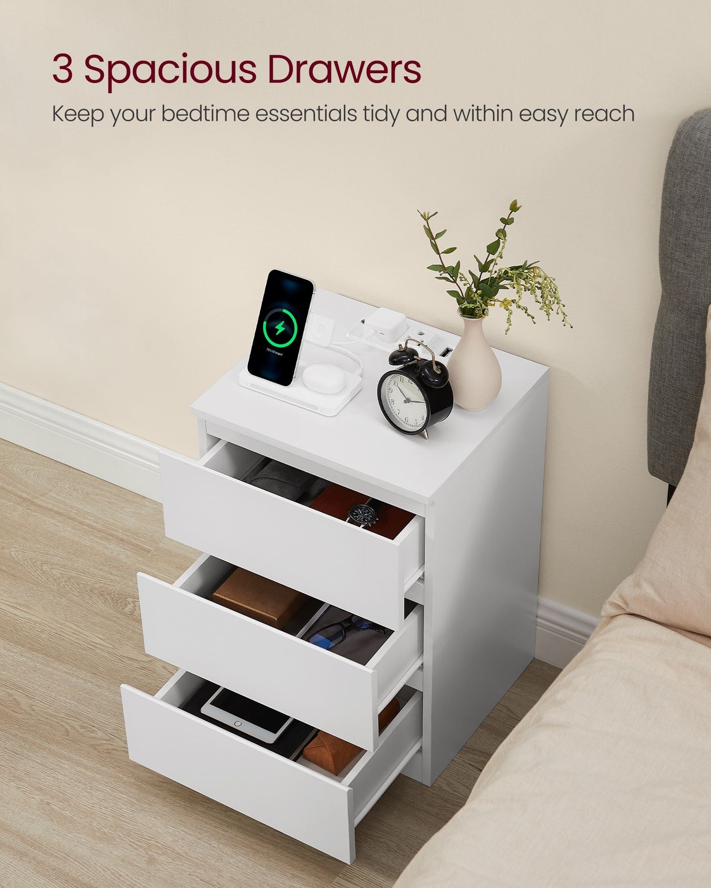 Nightstands with Charging Station, Set of 2,Cloud White