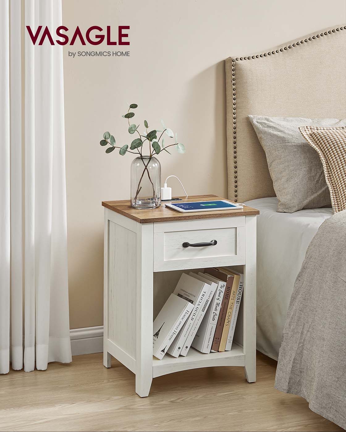 Farmhouse Nightstand with Charging Station