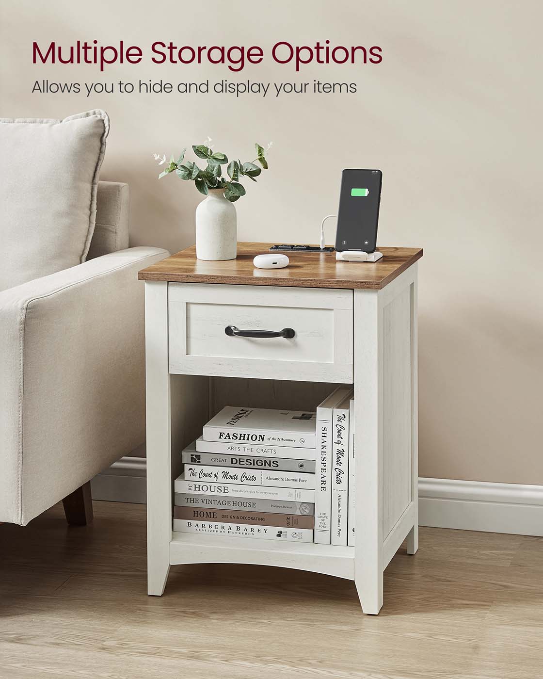 Farmhouse Nightstand with Charging Station