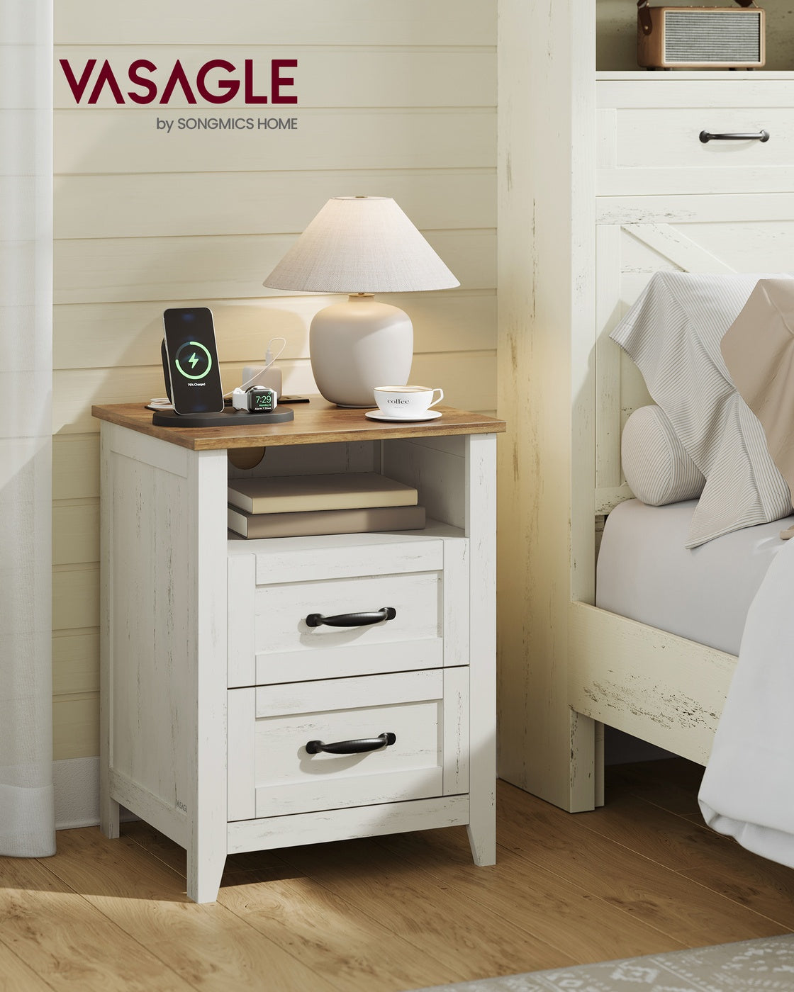 LIRY Collection - Farmhouse Nightstand with Charging Station
