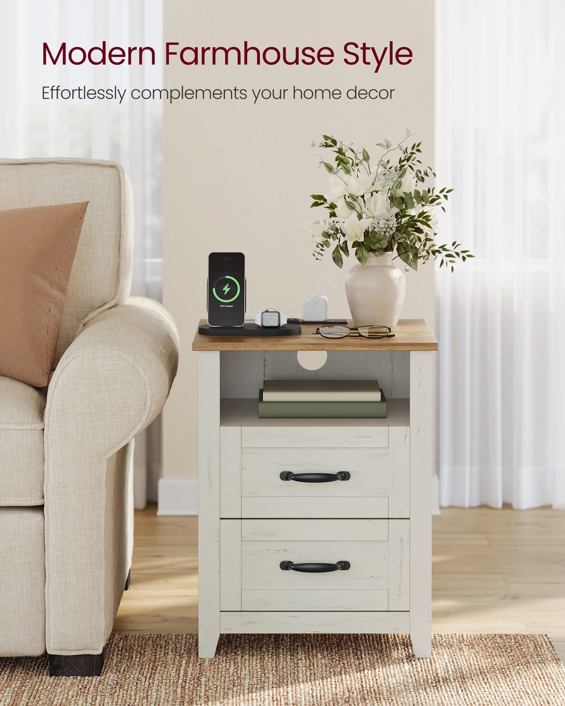 LIRY Collection - Farmhouse Nightstand with Charging Station