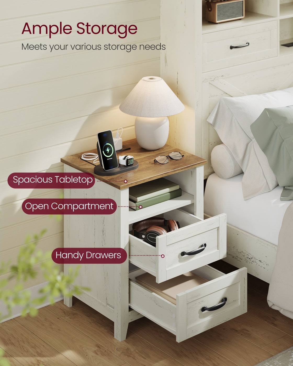 LIRY Collection - Farmhouse Nightstand with Charging Station