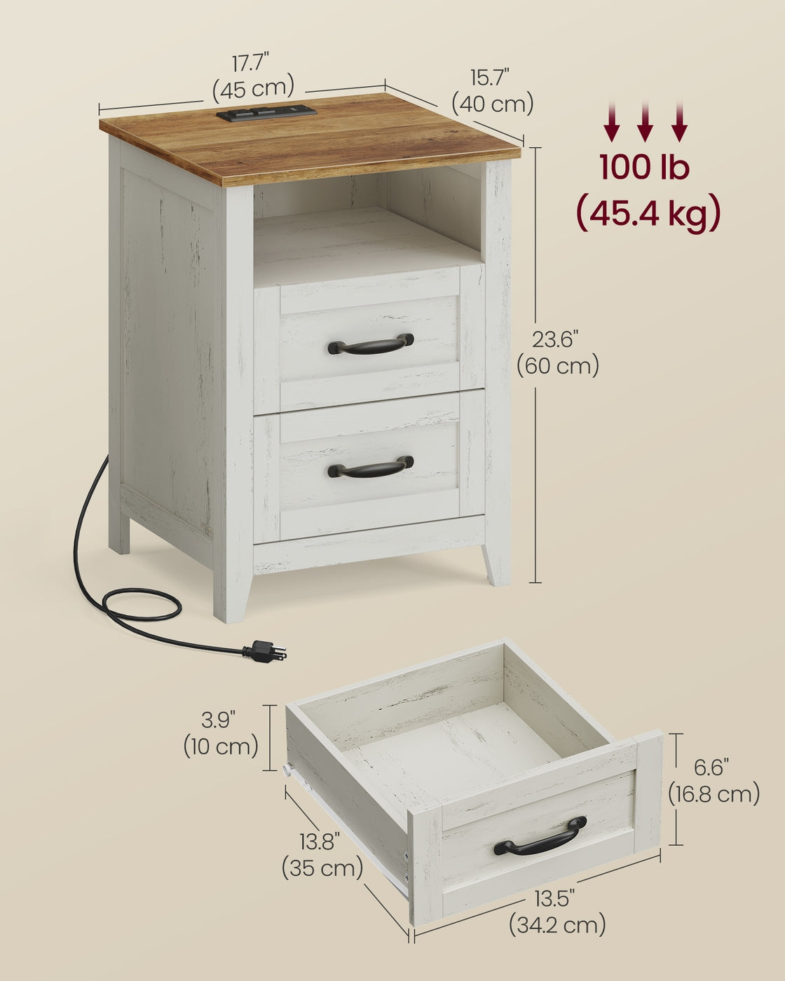 LIRY Collection - Farmhouse Nightstand with Charging Station