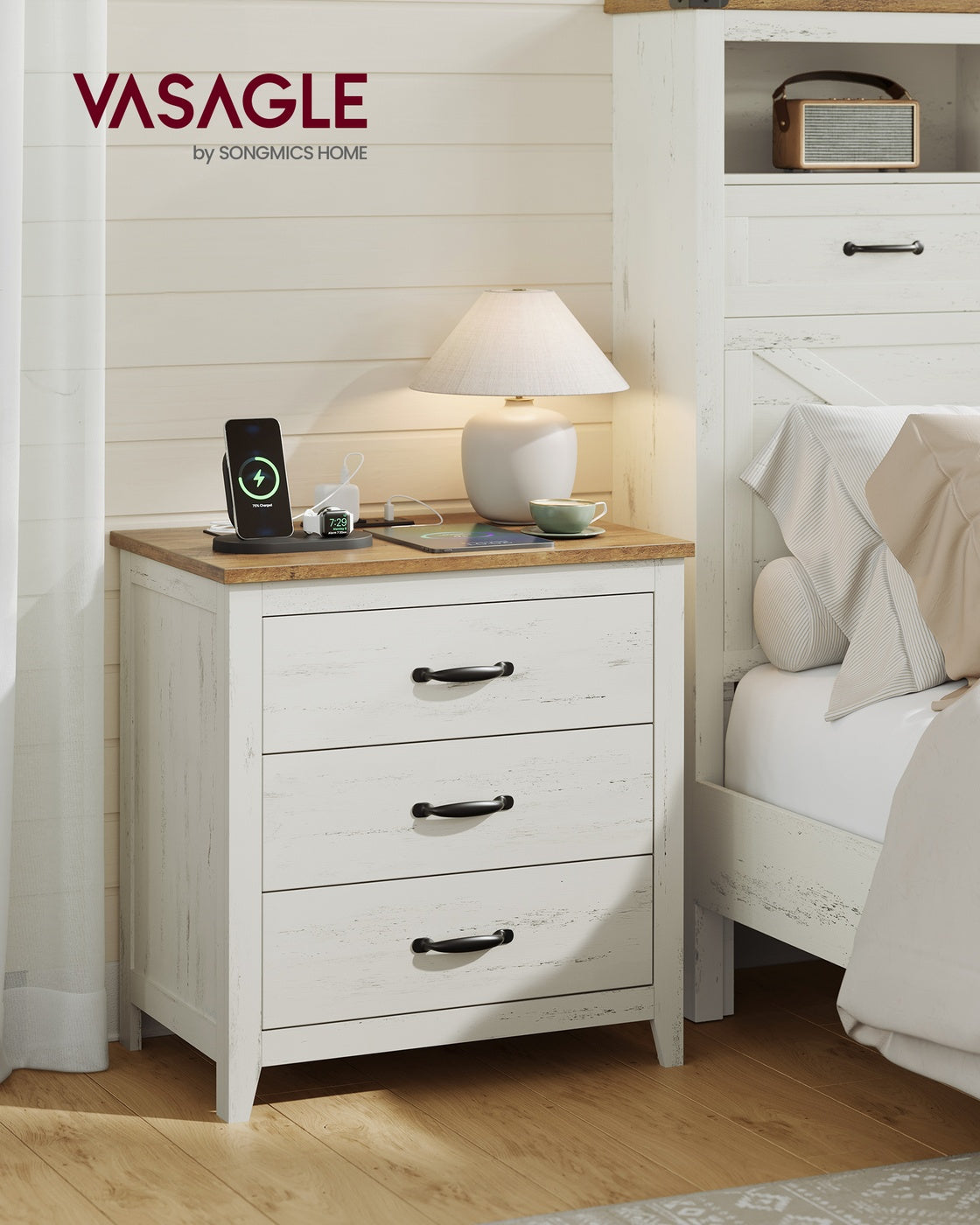 LIRY Collection - Farmhouse Nightstand with Charging Station