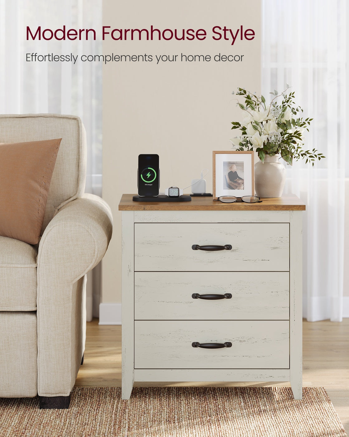 LIRY Collection - Farmhouse Nightstand with Charging Station
