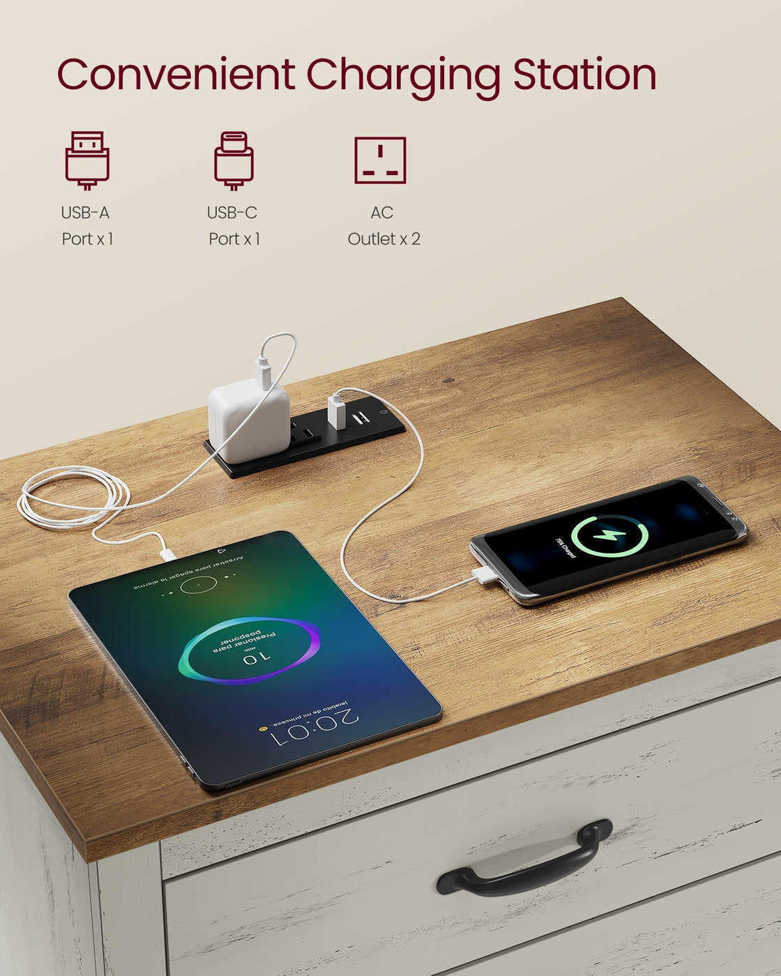 LIRY Collection - Farmhouse Nightstand with Charging Station
