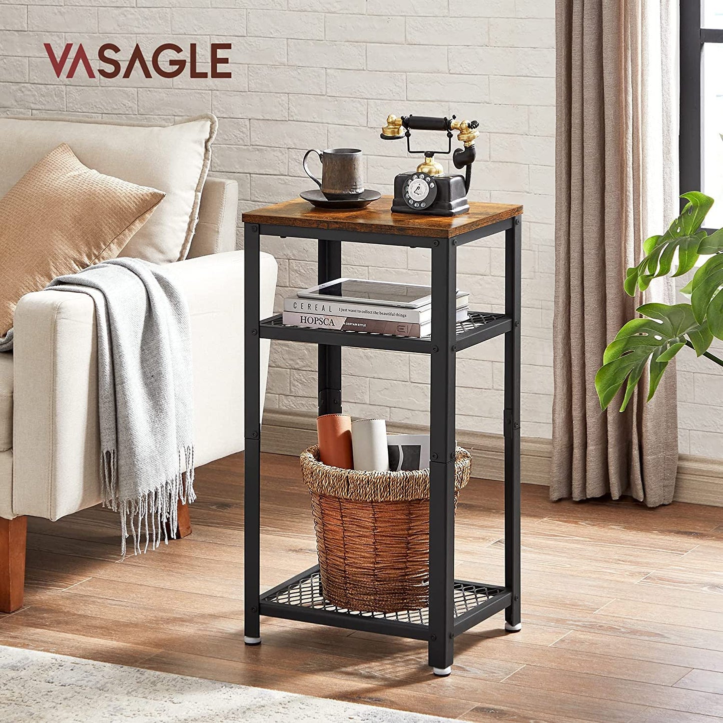 3-Tier Tall Side Table with 2 Mesh Storage Shelves