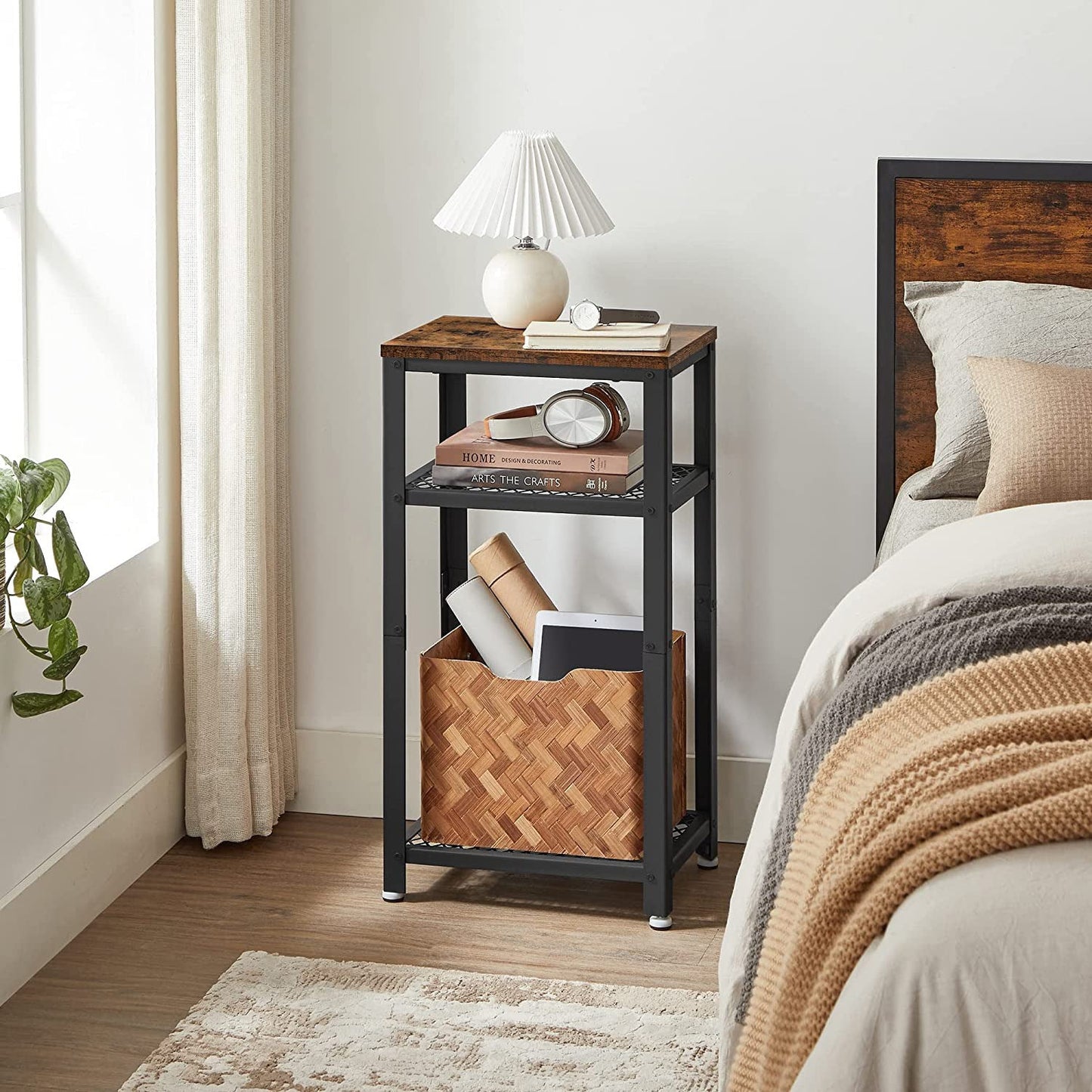 3-Tier Tall Side Table with 2 Mesh Storage Shelves
