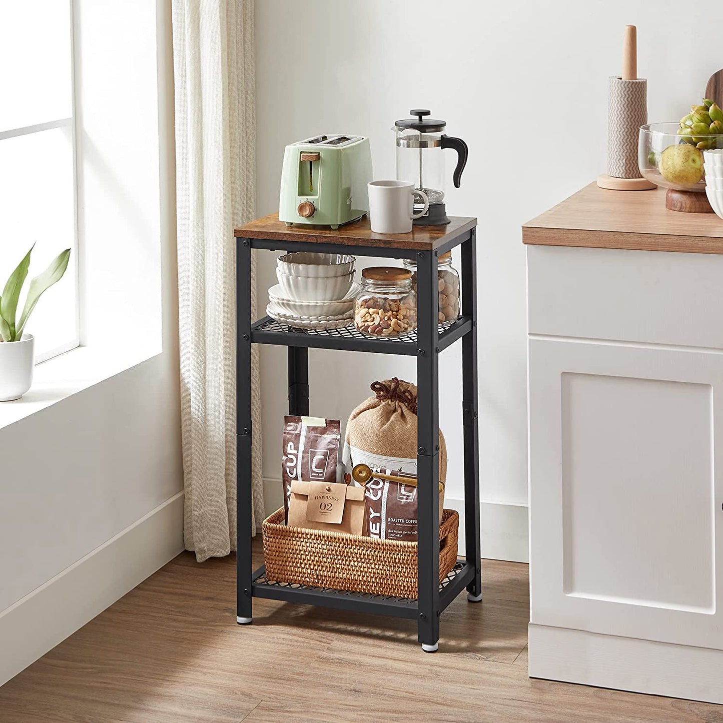 3-Tier Tall Side Table with 2 Mesh Storage Shelves