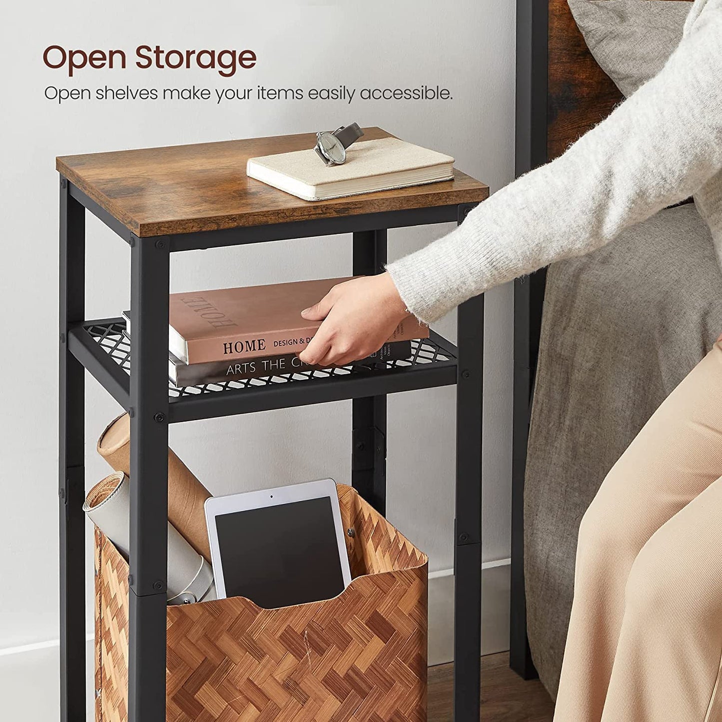 3-Tier Tall Side Table with 2 Mesh Storage Shelves