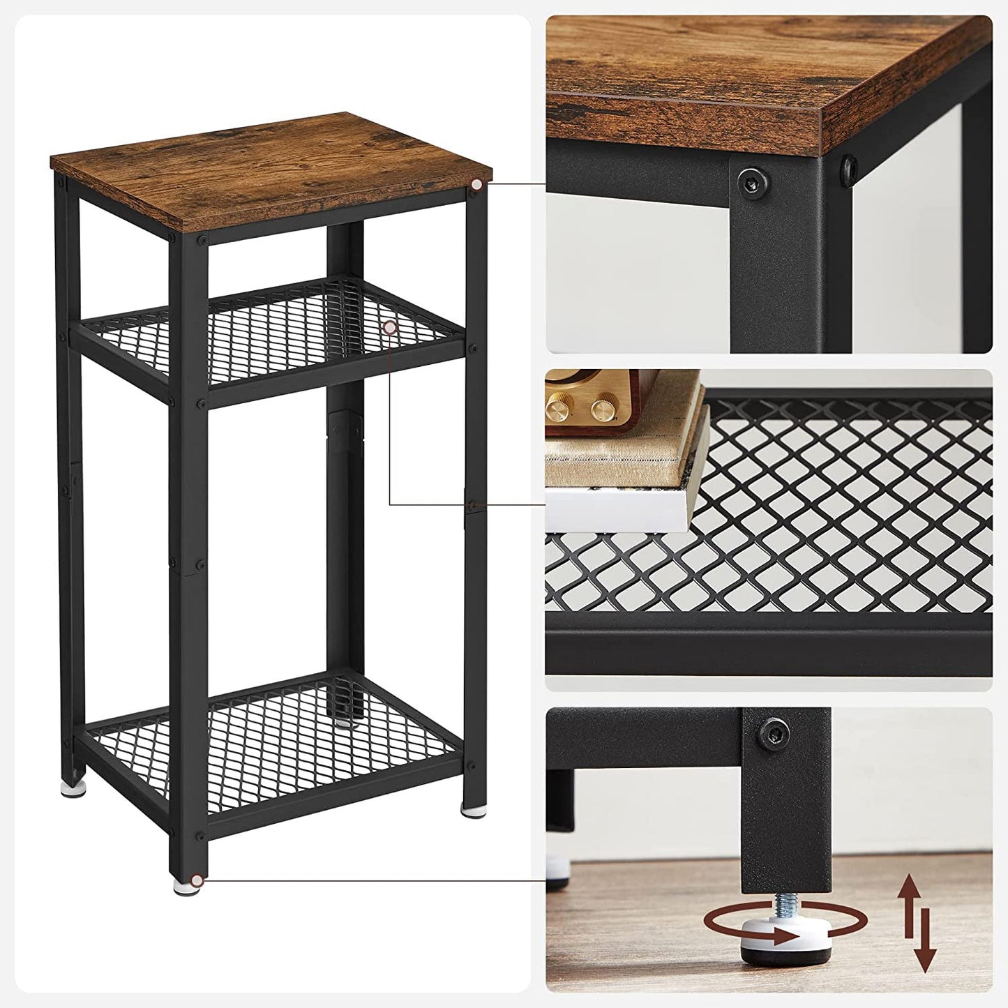 3-Tier Tall Side Table with 2 Mesh Storage Shelves