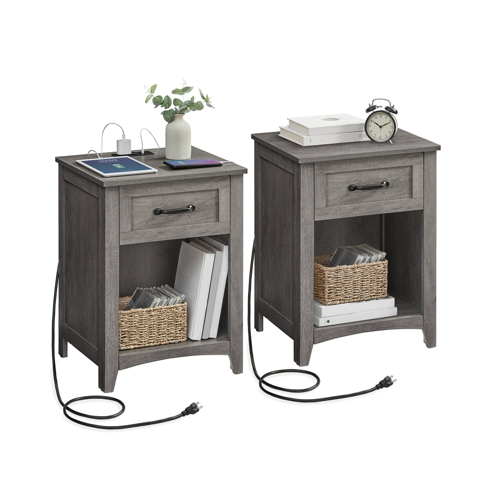 LIRY Collection - Farmhouse Nightstands with Charging Station, Set of 2 Bedside Tables, Side Tables with Drawer, Misty Gray