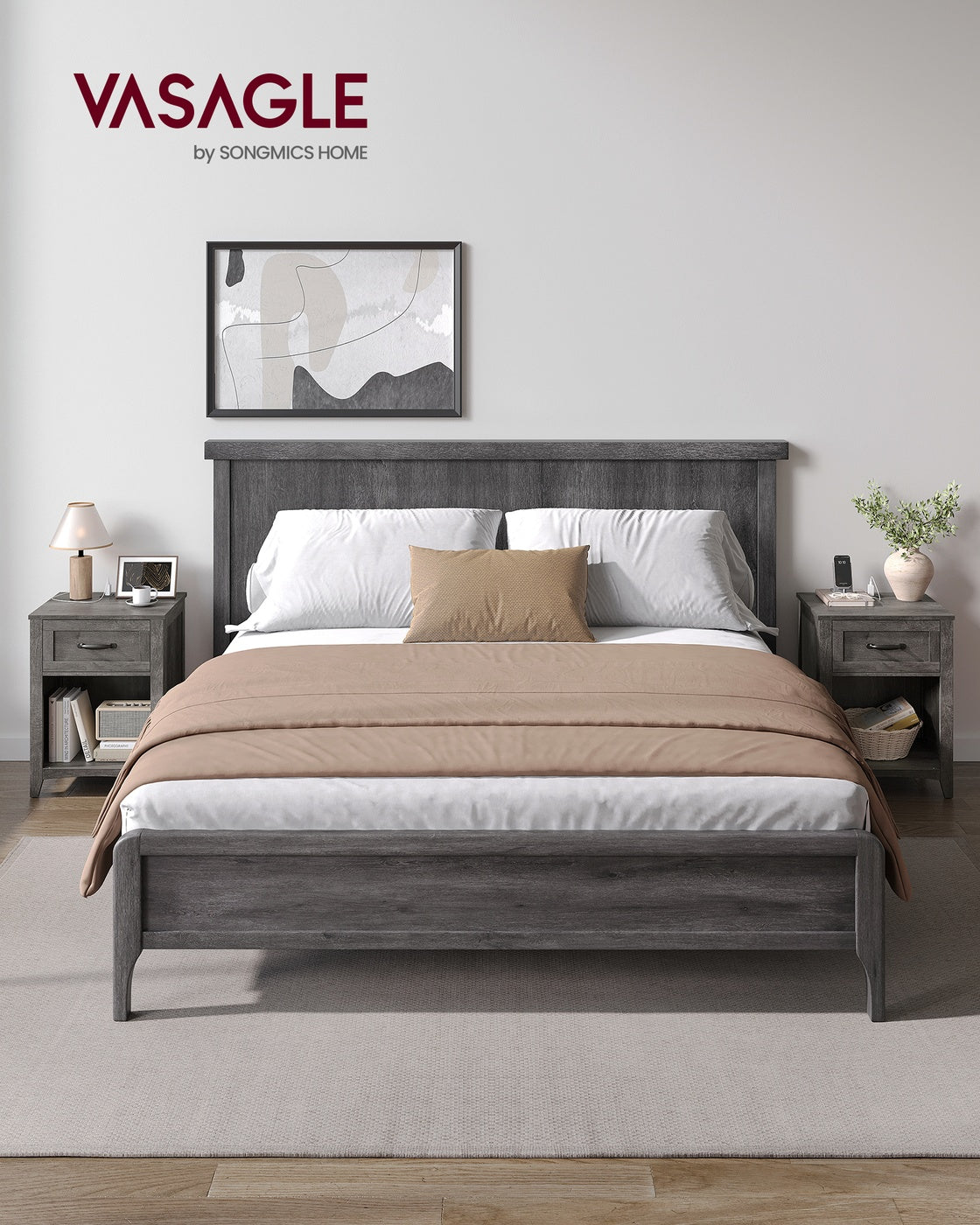 LIRY Collection - Farmhouse Nightstands with Charging Station, Set of 2 Bedside Tables, Side Tables with Drawer, Misty Gray