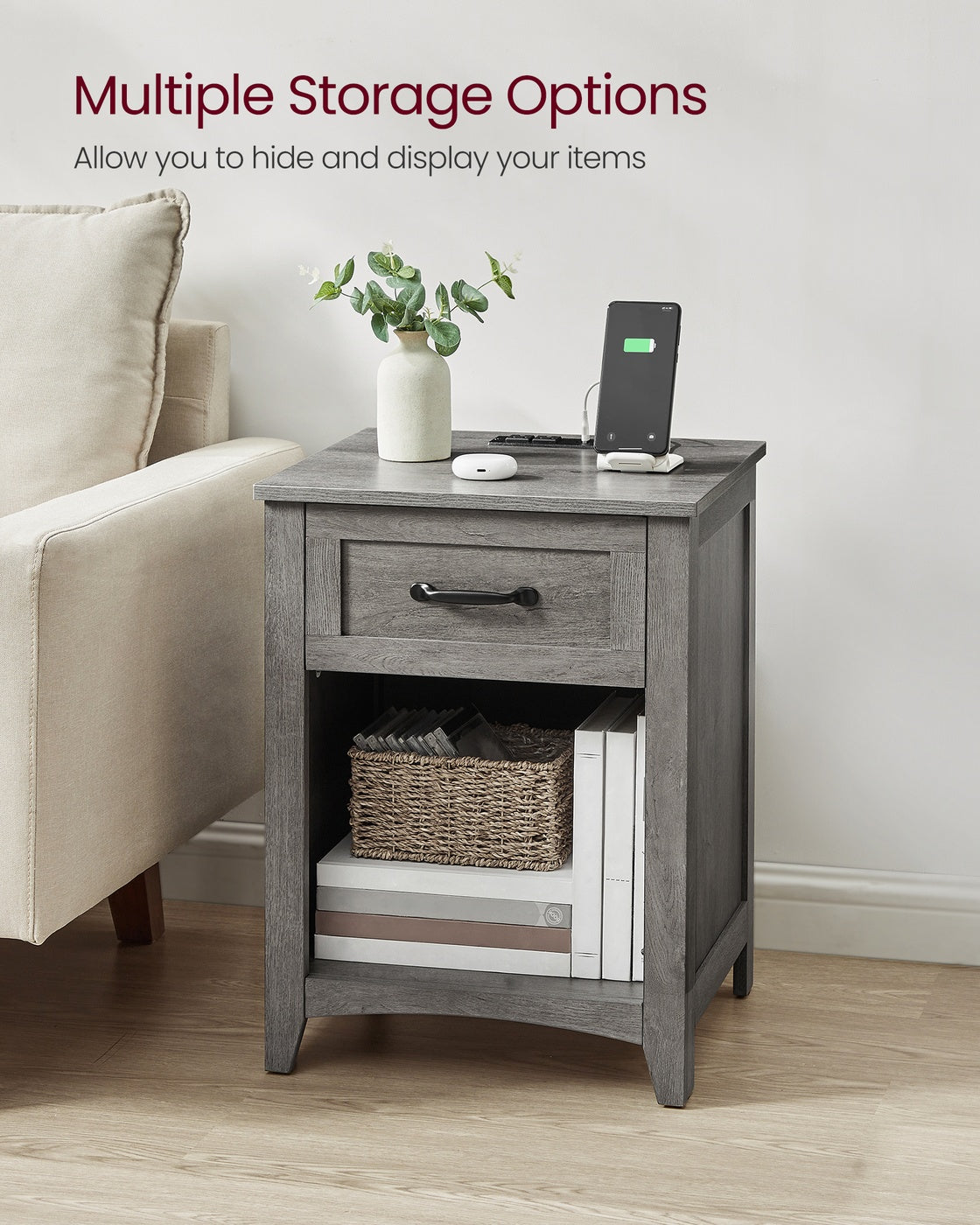 LIRY Collection - Farmhouse Nightstands with Charging Station, Set of 2 Bedside Tables, Side Tables with Drawer, Misty Gray