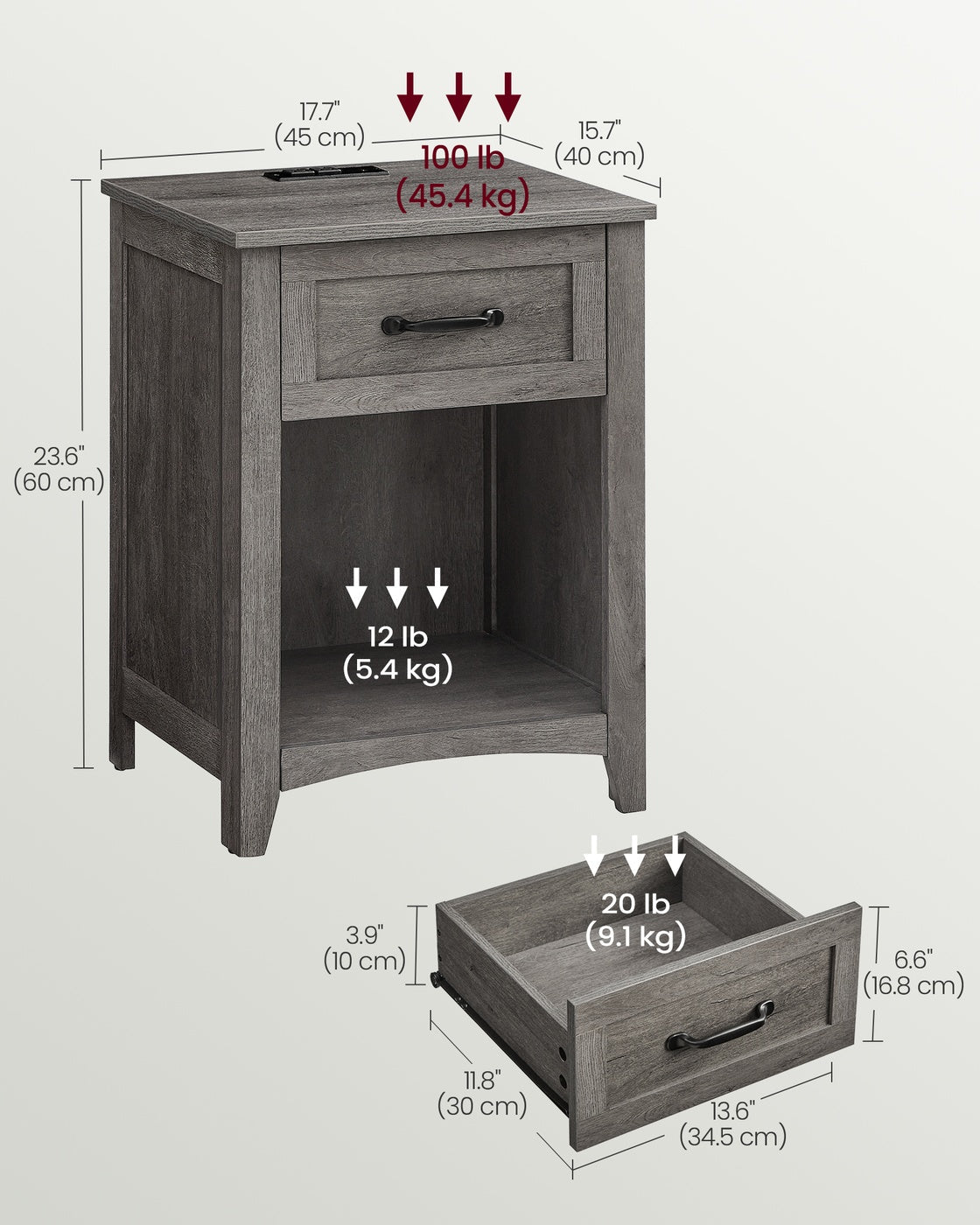 LIRY Collection - Farmhouse Nightstands with Charging Station, Set of 2 Bedside Tables, Side Tables with Drawer, Misty Gray