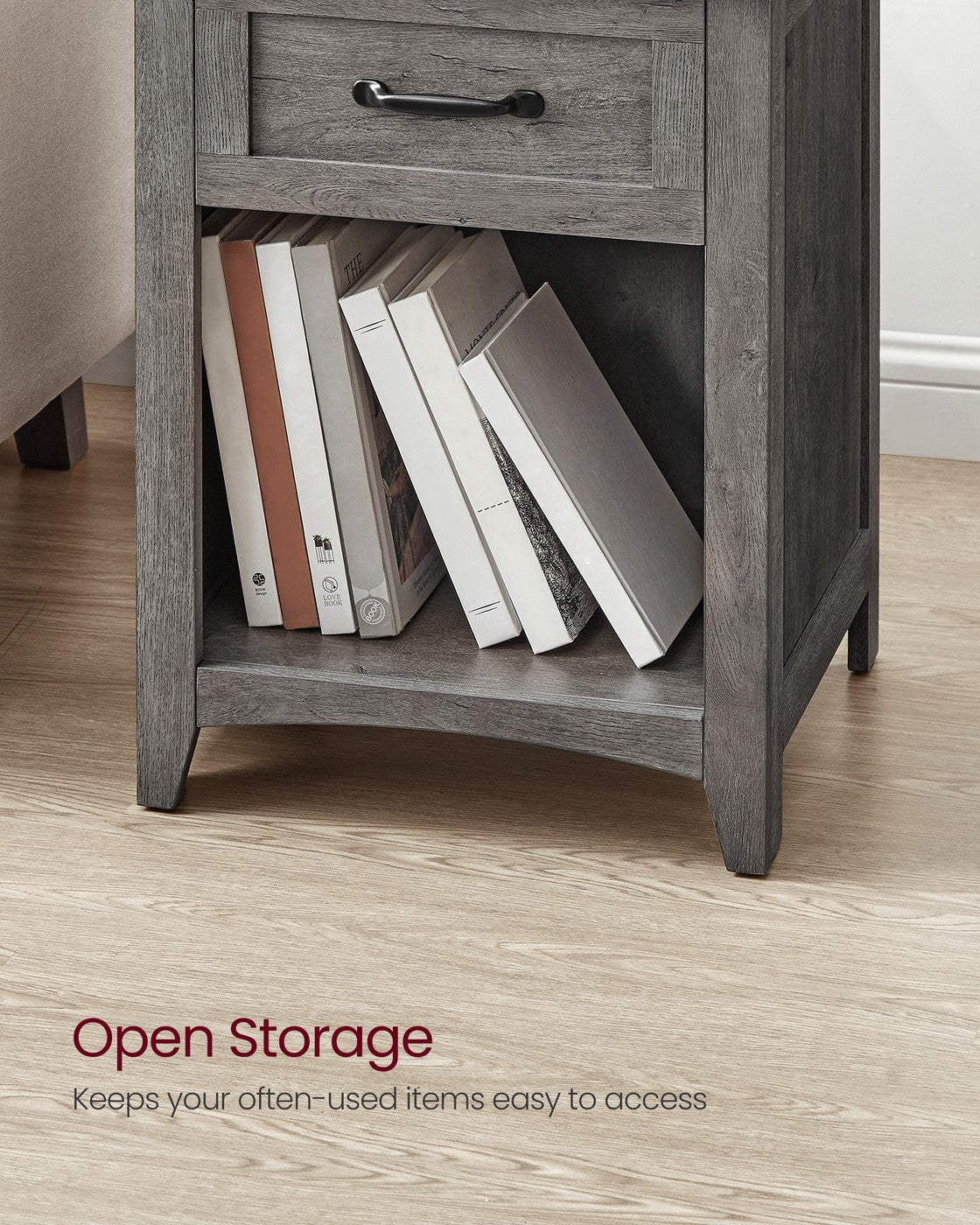 LIRY Collection - Farmhouse Nightstands with Charging Station, Set of 2 Bedside Tables, Side Tables with Drawer, Misty Gray