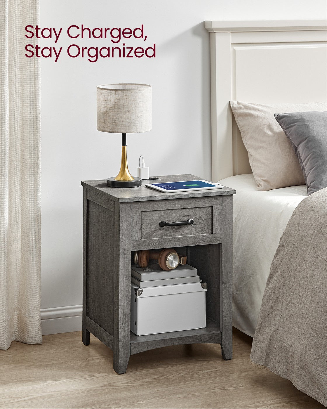 LIRY Collection - Farmhouse Nightstands with Charging Station, Set of 2 Bedside Tables, Side Tables with Drawer, Misty Gray