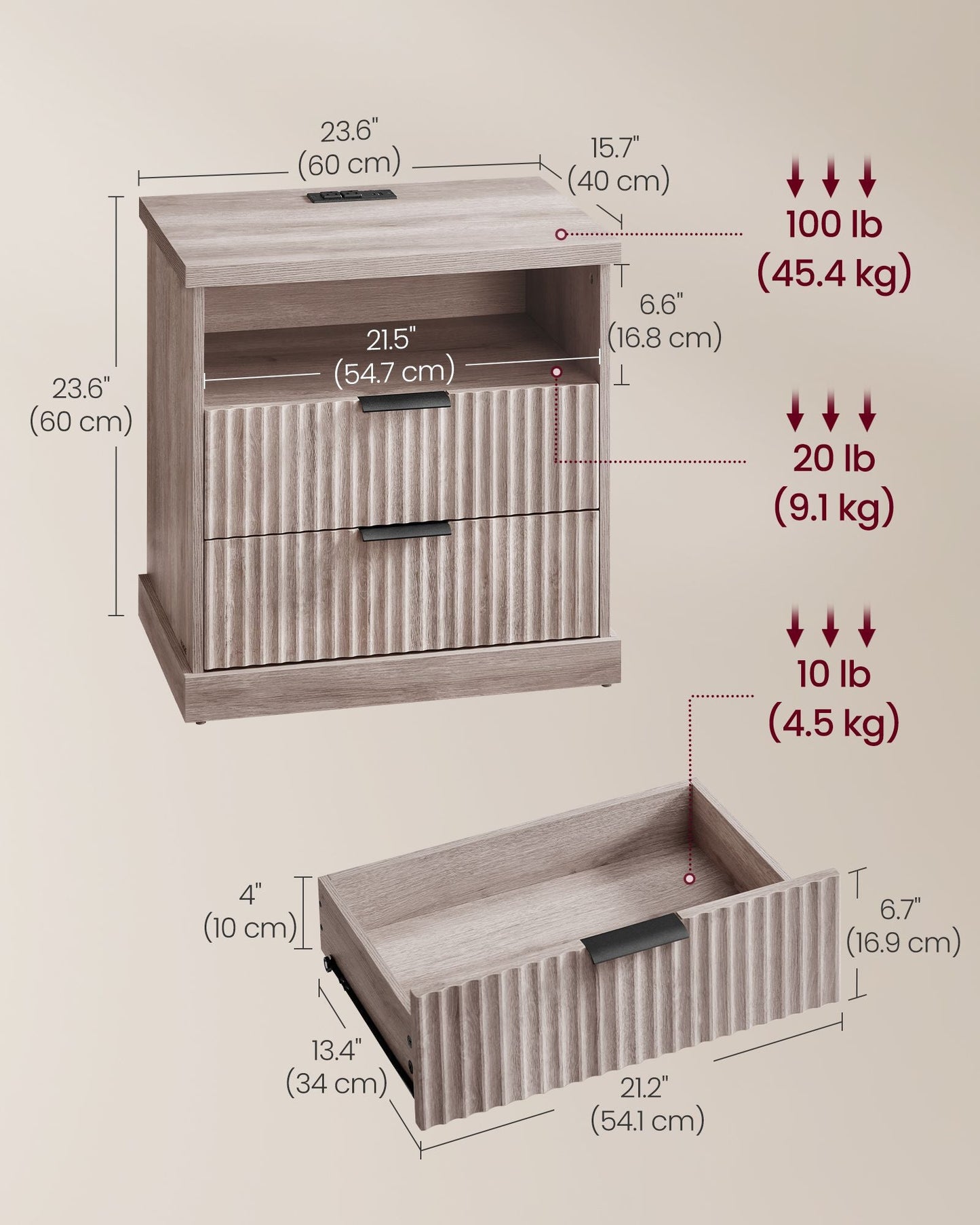 MAXE Collection - Set of 2 Nightstands with Charging Station, Bedside Table, Side End Table with 2 Drawers