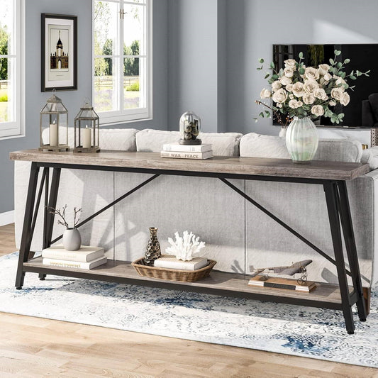 Heavy Duty 70-inch Industrial Grey Wood Top Sofa Table with Black Metal Frame