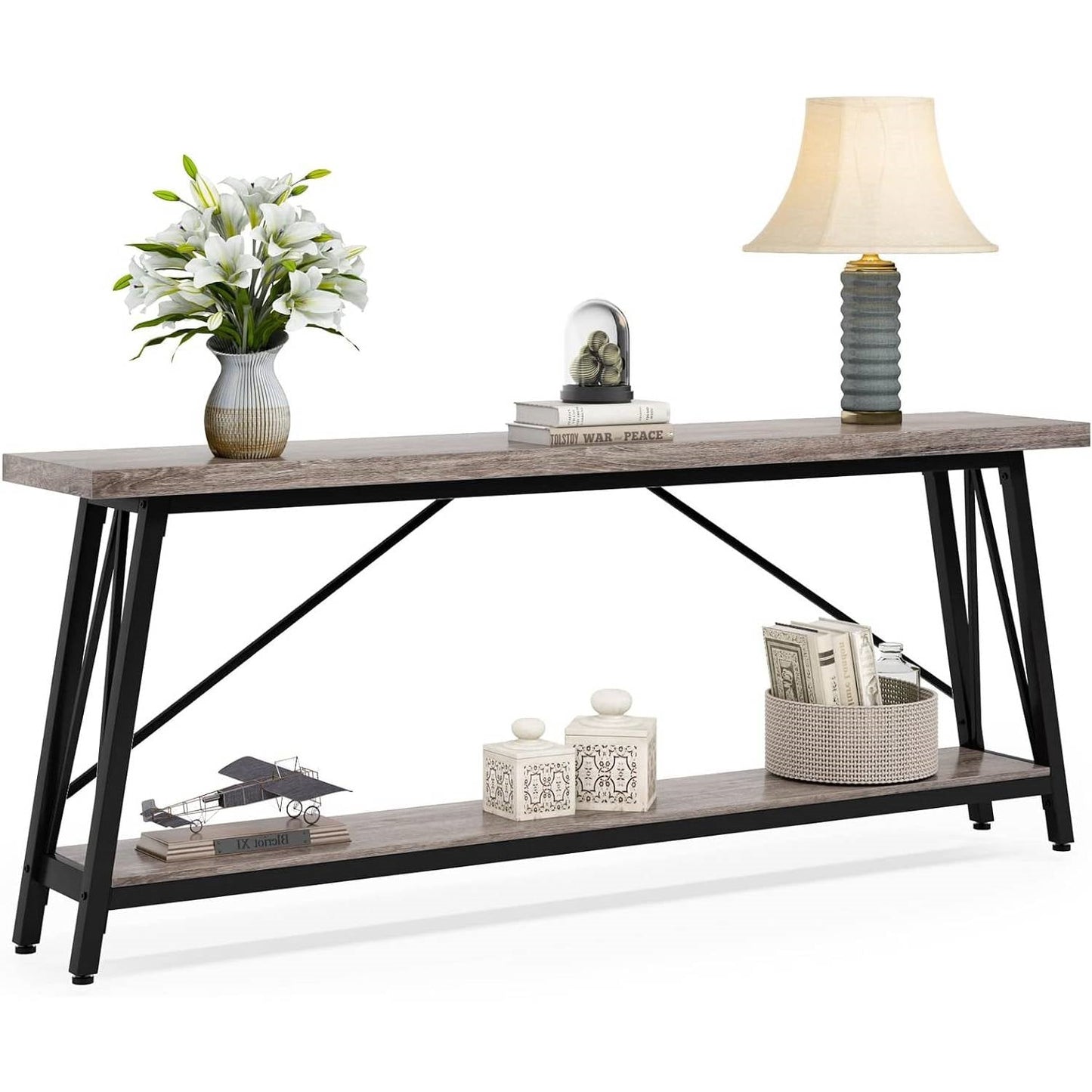 Heavy Duty 70-inch Industrial Grey Wood Top Sofa Table with Black Metal Frame