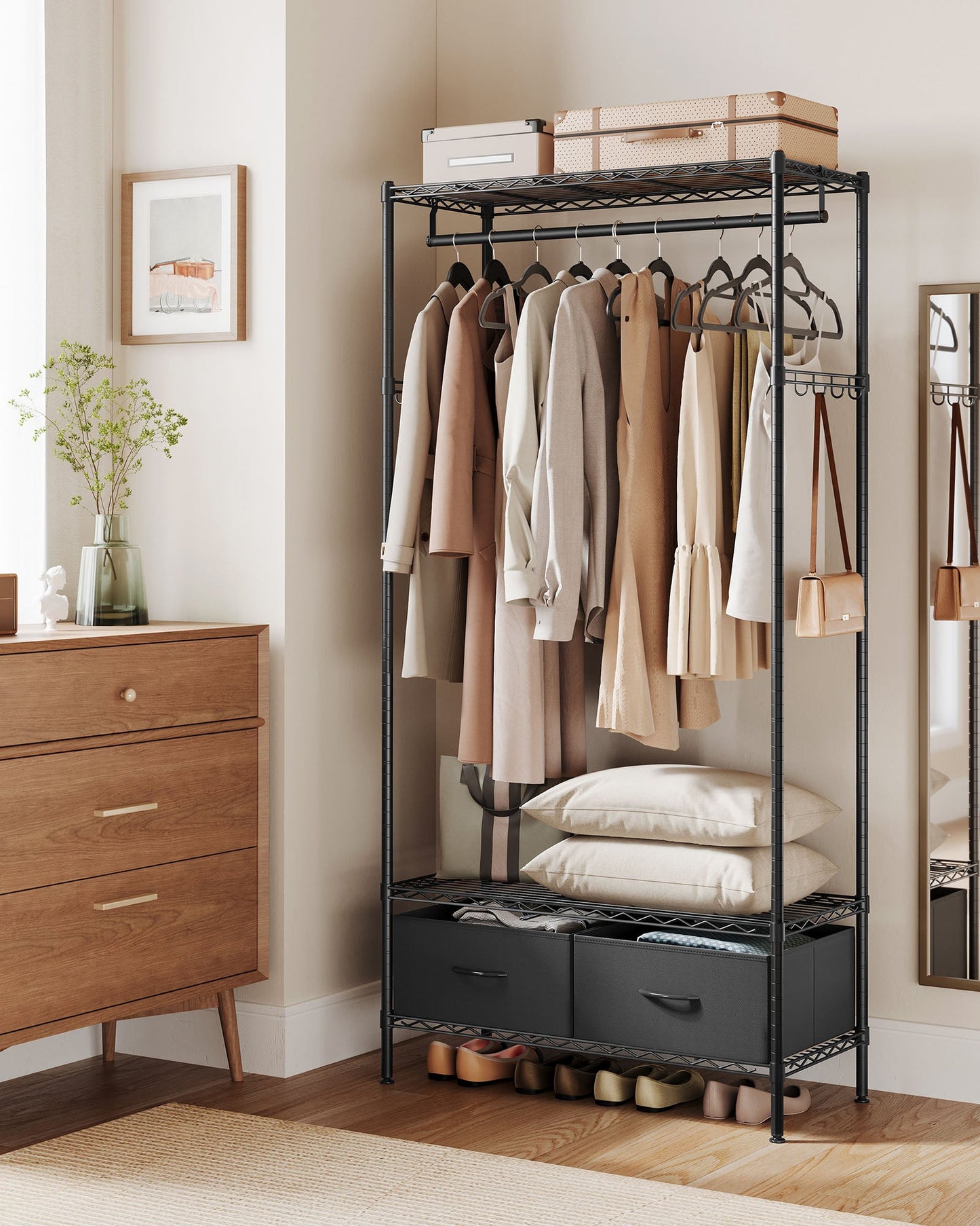 Clothes Rack with Mesh Shelf and 2 Fabric Drawers