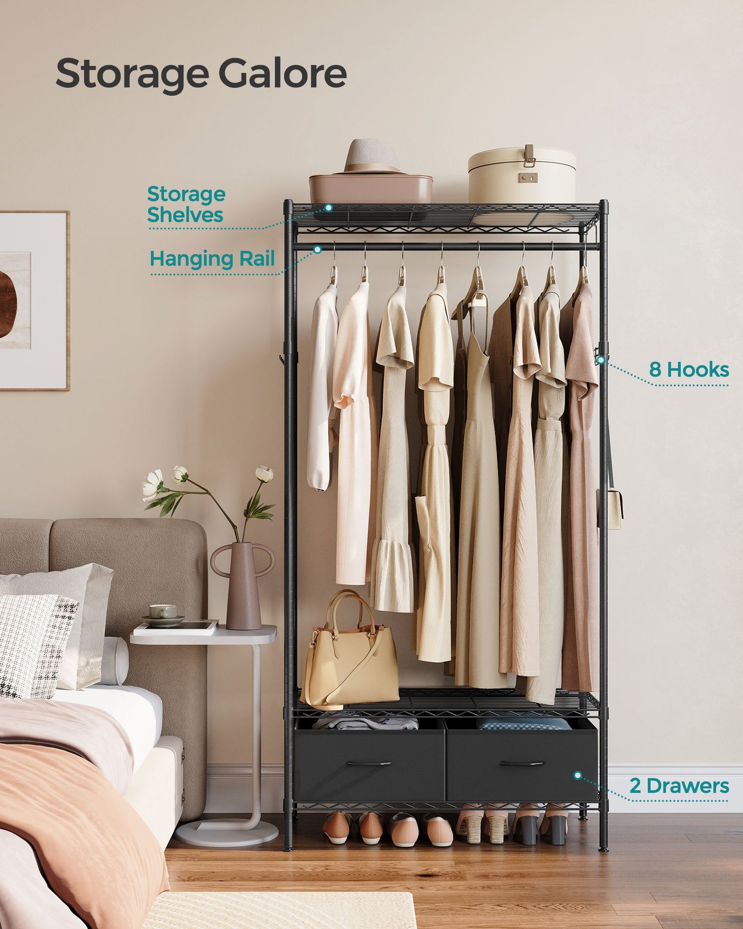Clothes Rack with Mesh Shelf and 2 Fabric Drawers