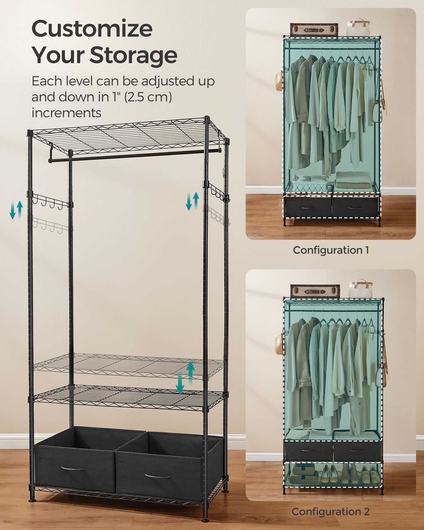 Clothes Rack with Mesh Shelf and 2 Fabric Drawers