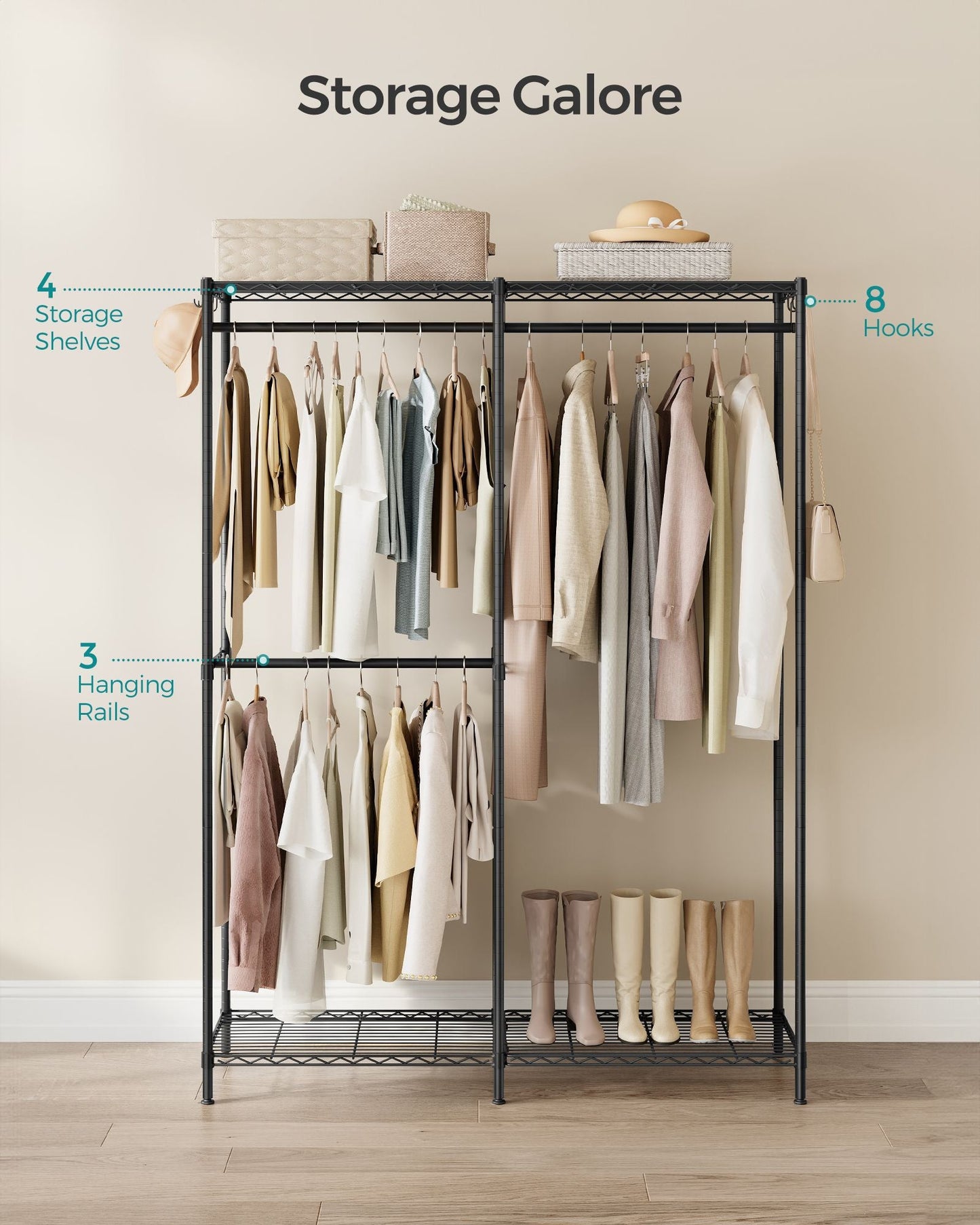 Metal Clothing Rack with Adjustable Shelves and Hanging Rails