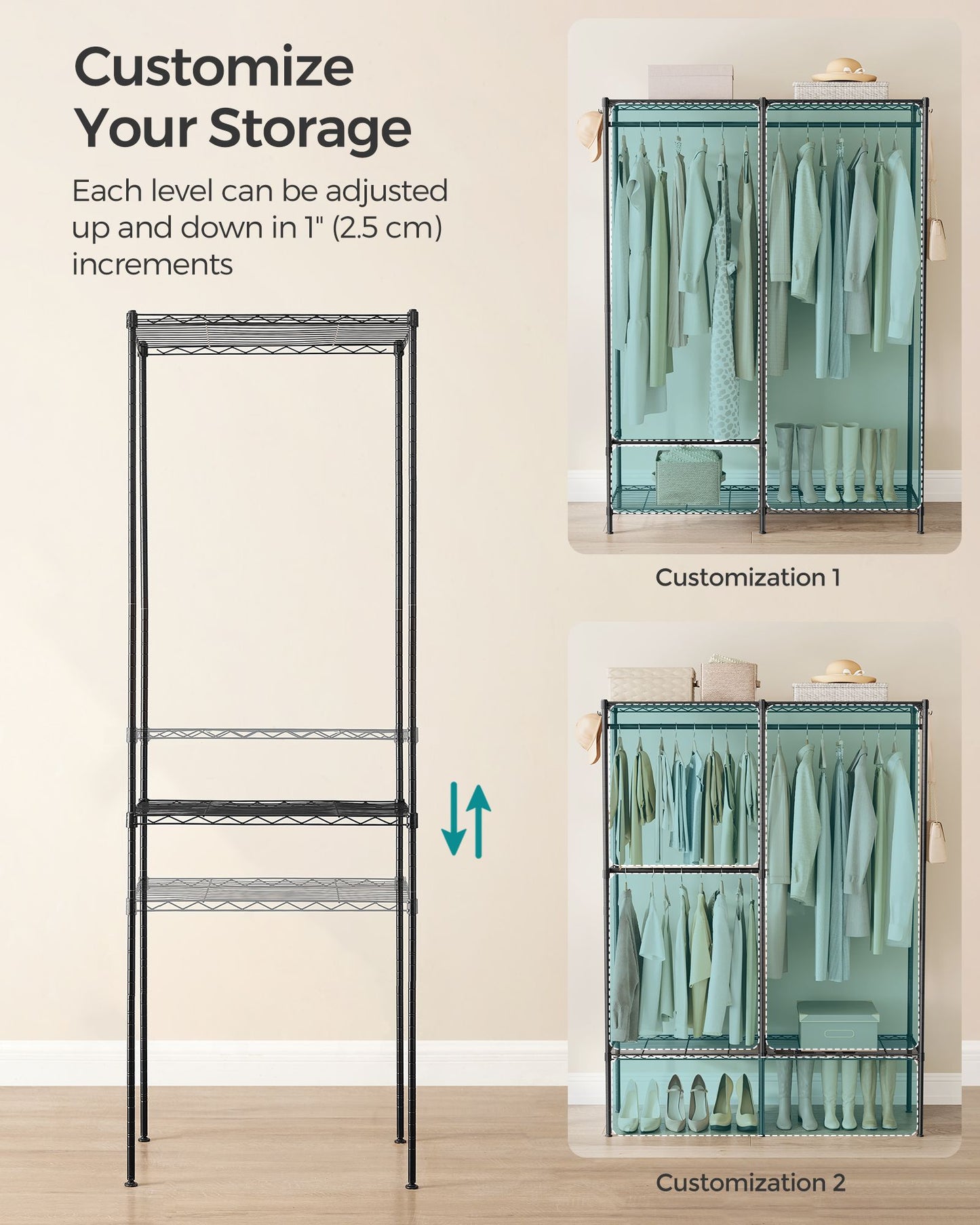 Metal Clothing Rack with Adjustable Shelves and Hanging Rails