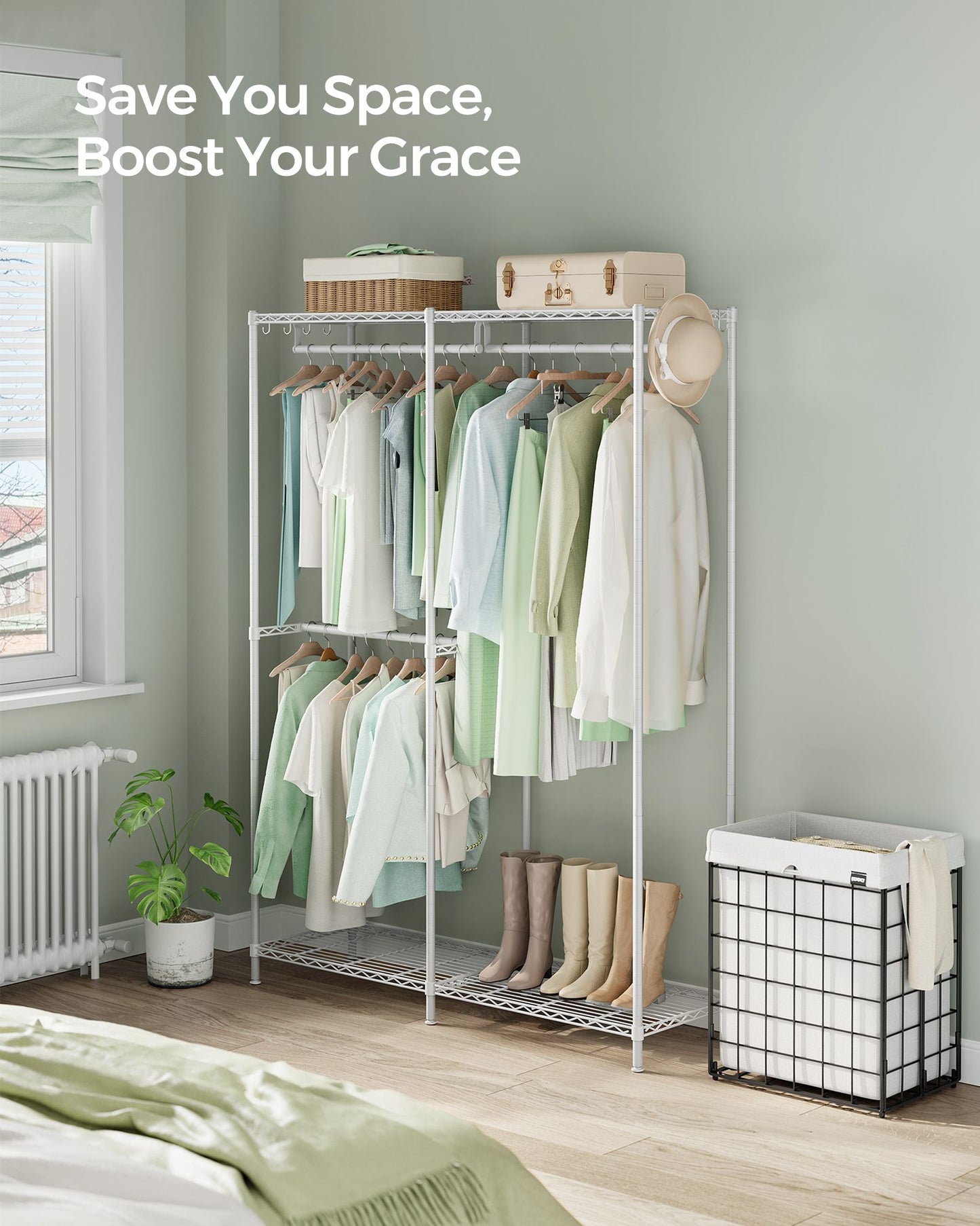 Metal Clothing Rack with Adjustable Shelves and Hanging Rails