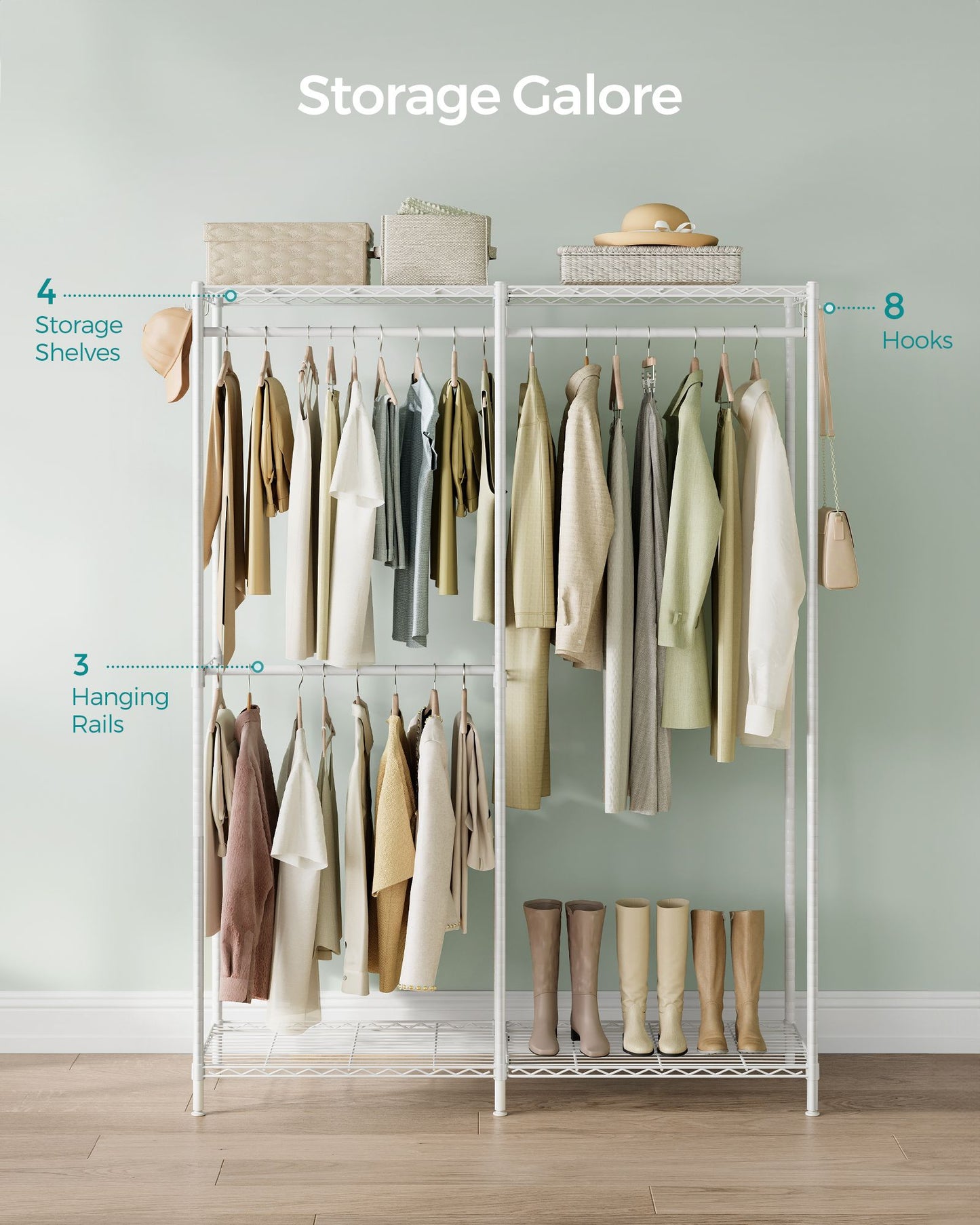 Metal Clothing Rack with Adjustable Shelves and Hanging Rails