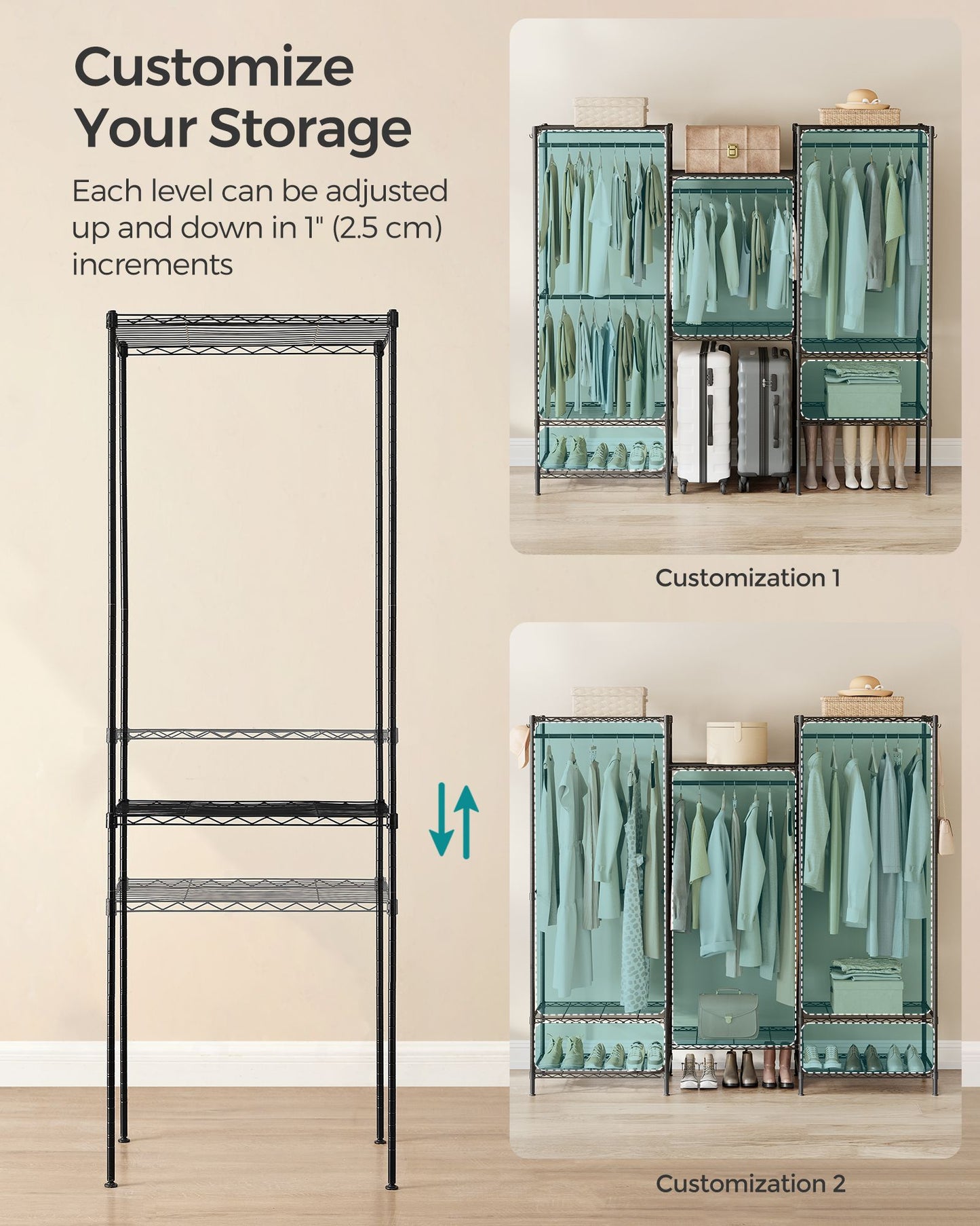 Metal Portable Wardrobe Closet with Adjustable Wire Shelves