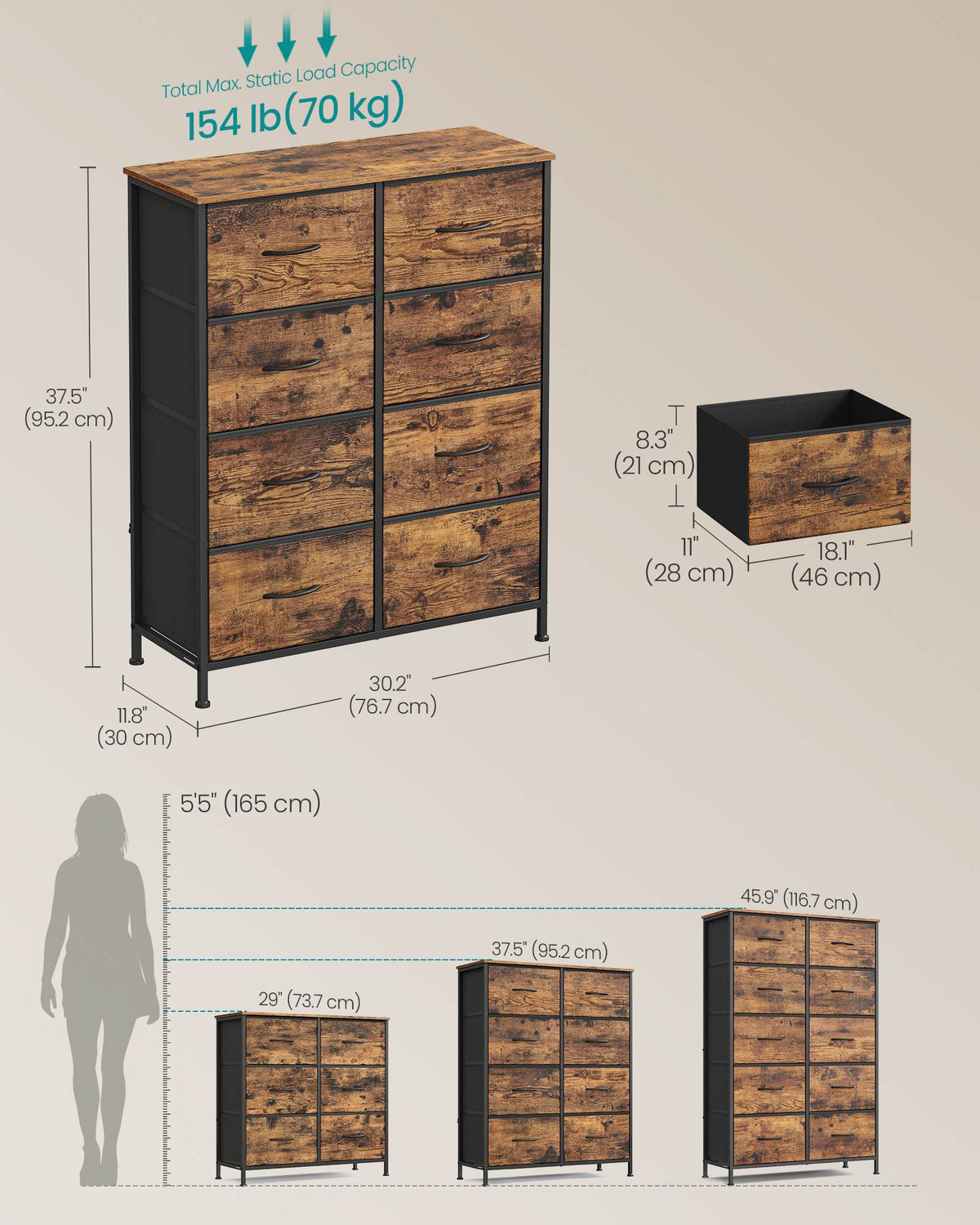 8-Drawer Fabric Dresser, Sturdy Storage Organizer for Bedroom, Rustic Brown & Black