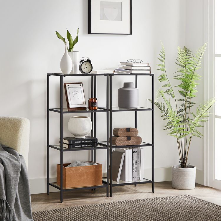 Bookcase, 4-Tier Shelving Unit, Bookshelf, Tempered Glass, Black