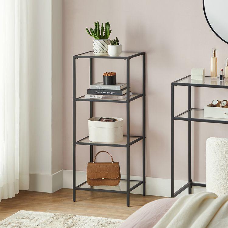 Bookcase, 4-Tier Shelving Unit, Bookshelf, Tempered Glass, Black