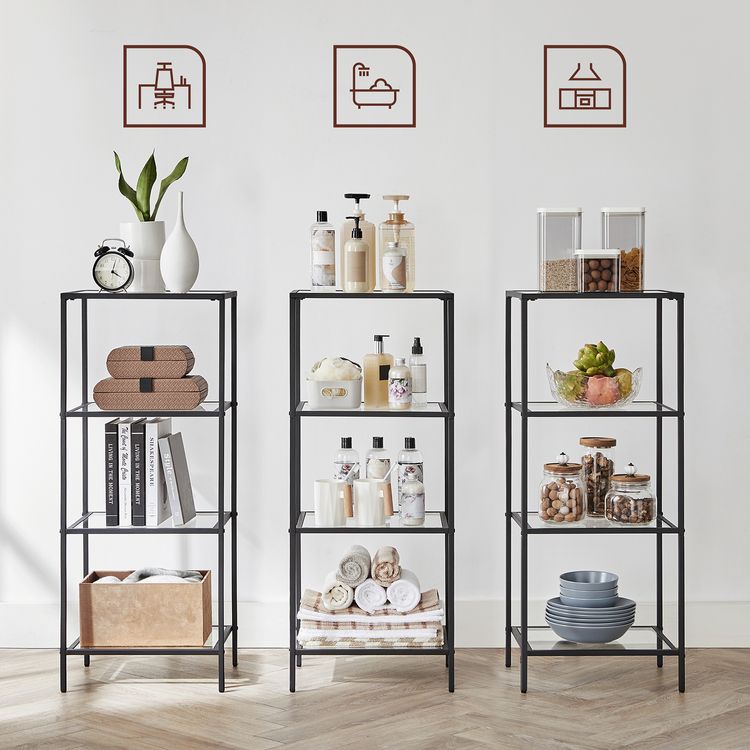 Bookcase, 4-Tier Shelving Unit, Bookshelf, Tempered Glass, Black