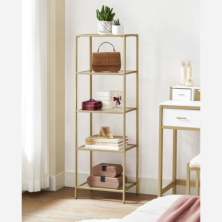 Bookcase, 5-Tier Bookshelf, Slim Shelving Unit for Bedroom, Tempered Glass, Tempered Glass