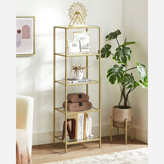 Bookcase, 5-Tier Bookshelf, Slim Shelving Unit for Bedroom, Tempered Glass, Tempered Glass
