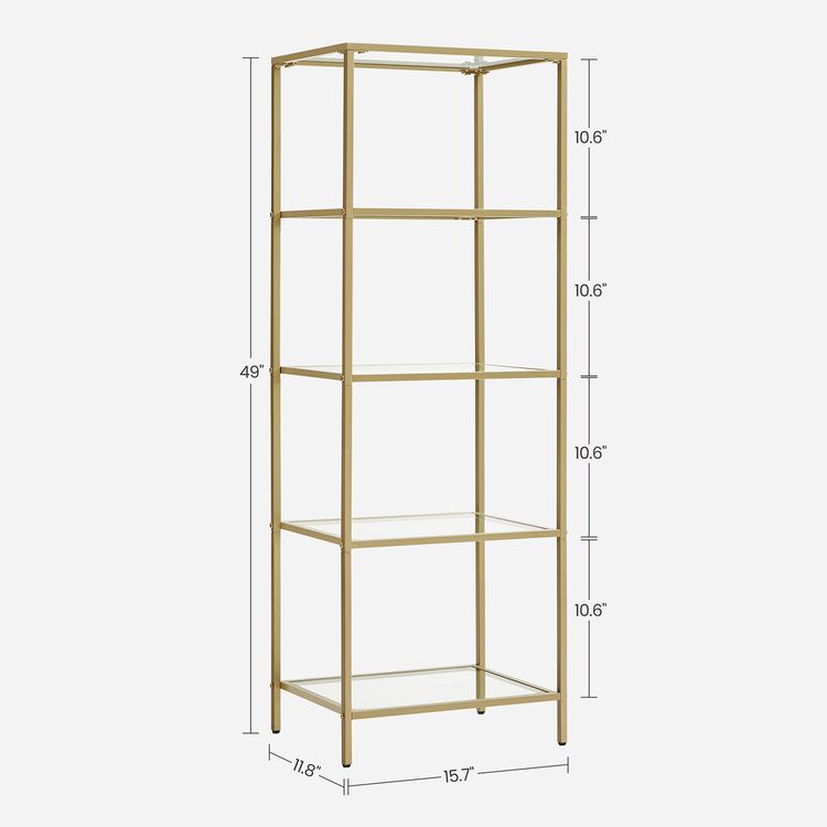 Bookcase, 5-Tier Bookshelf, Slim Shelving Unit for Bedroom, Tempered Glass, Tempered Glass