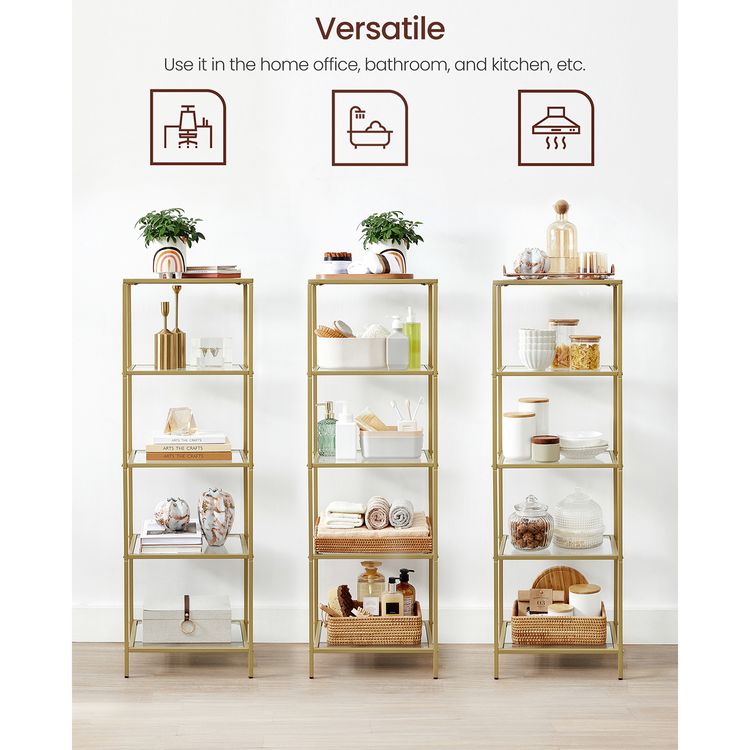 Bookcase, 5-Tier Bookshelf, Slim Shelving Unit for Bedroom, Tempered Glass, Tempered Glass