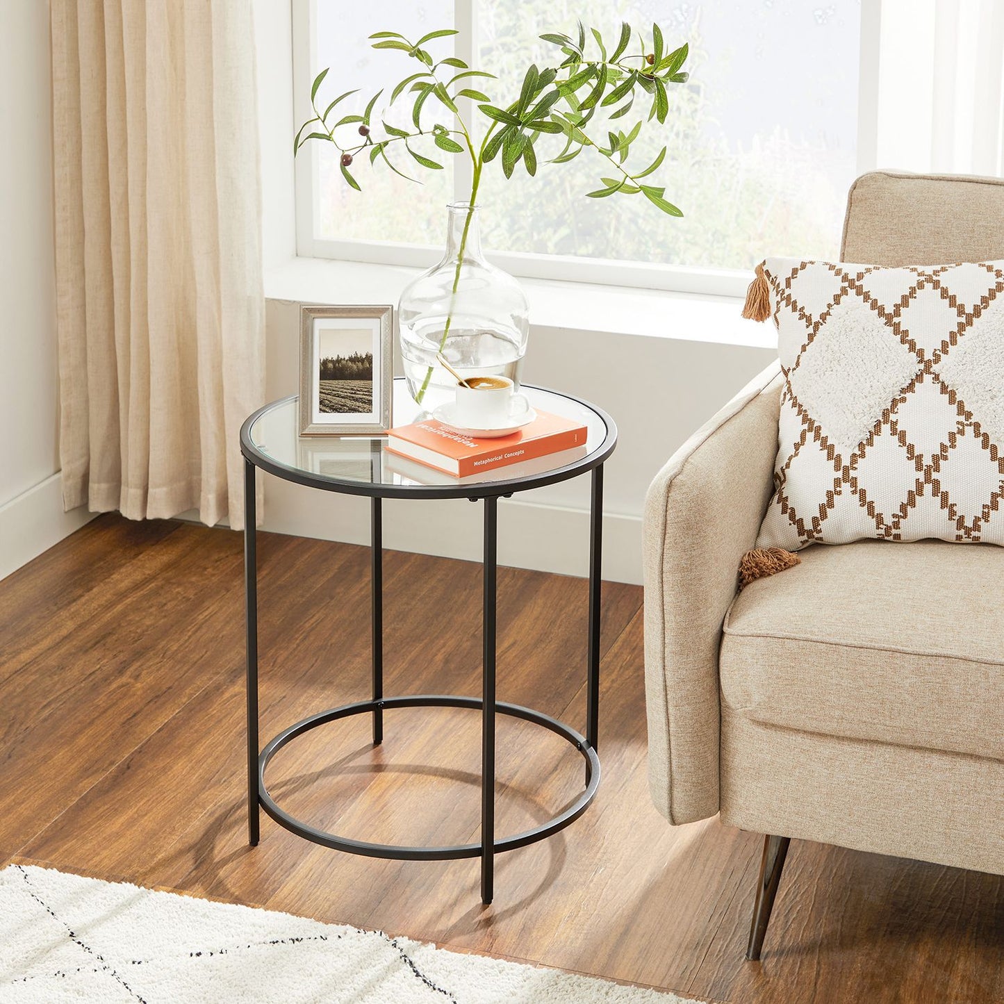 Glass Round Side Table with Metal Frame, Set of 2