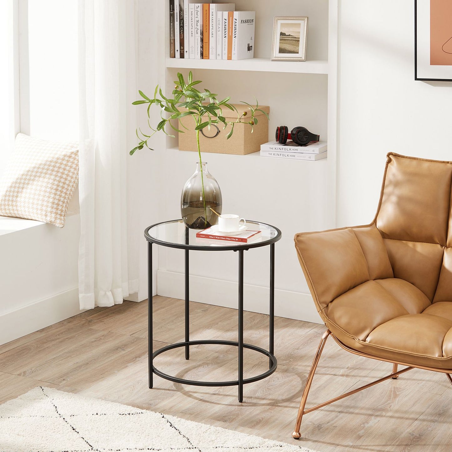 Glass Round Side Table with Metal Frame, Set of 2
