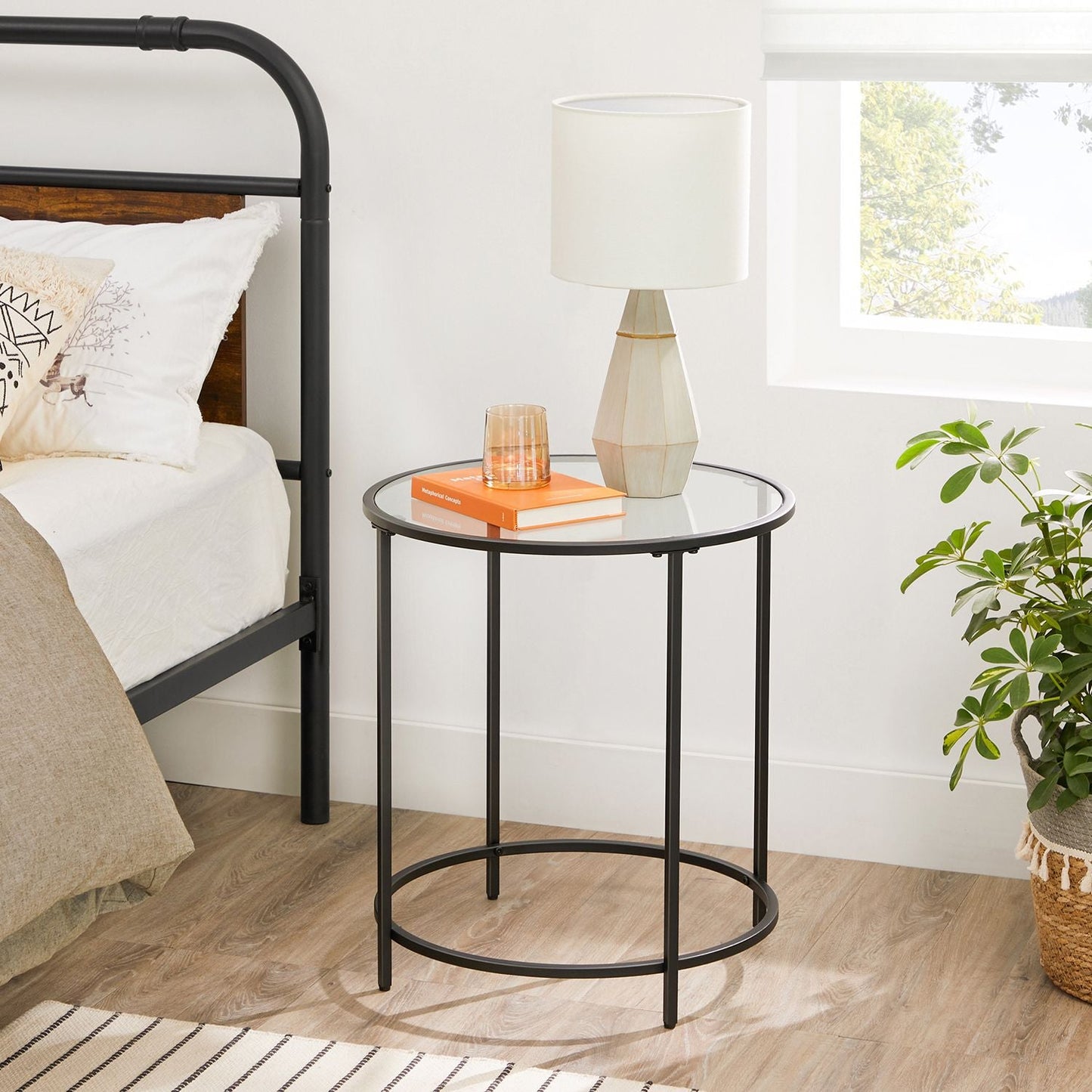 Glass Round Side Table with Metal Frame, Set of 2