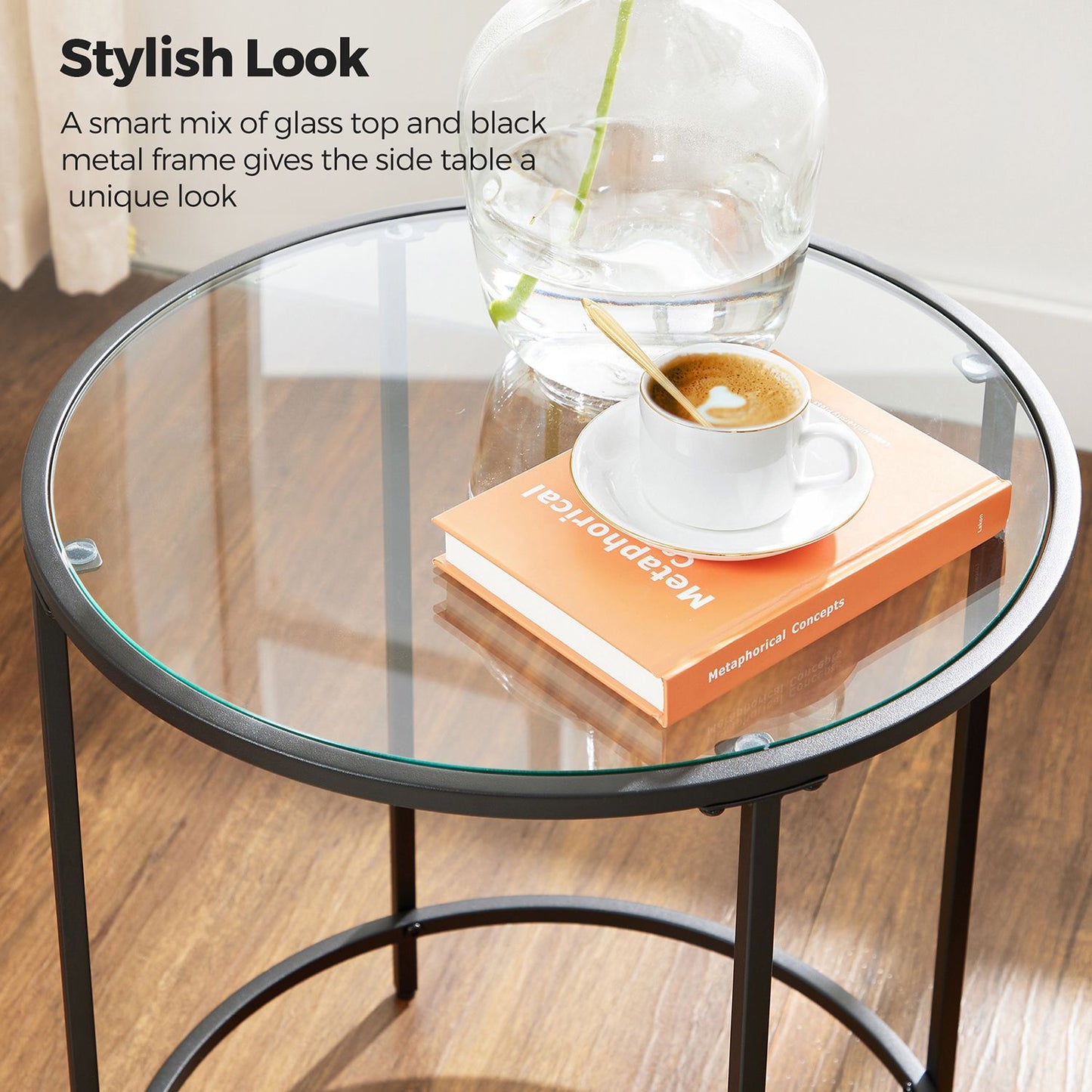 Glass Round Side Table with Metal Frame, Set of 2